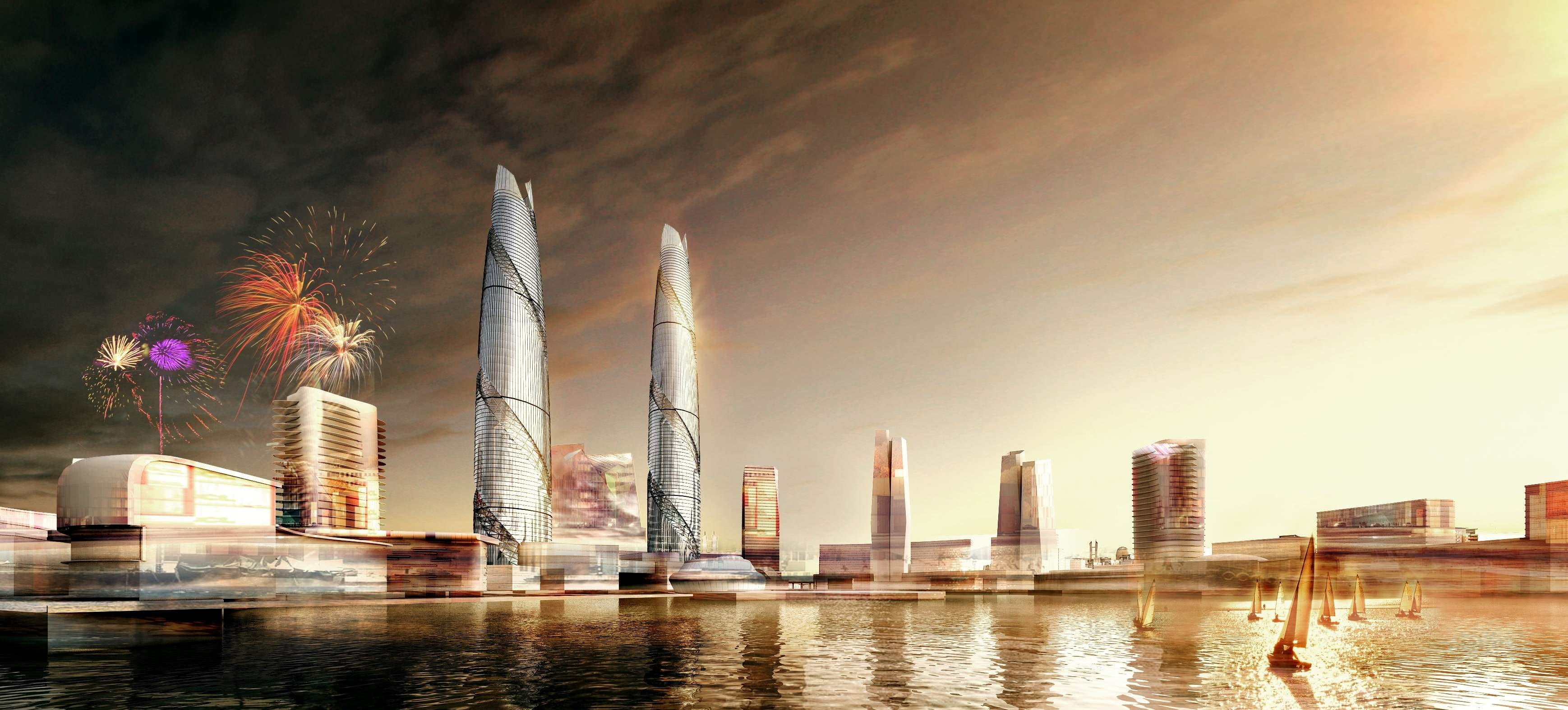 no people, water, architecture, hainan, firework display, outdoors, modern, landscape, travel destinations, skyscraper, cityscape, financial district, built structure, HD Wallpaper