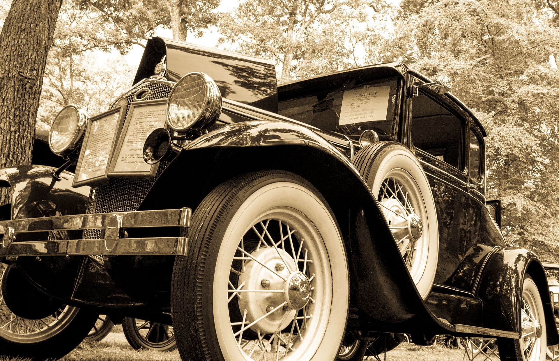 trees, tree, mode of transportation, 1080P, old, model a, photo, motor vehicle, transportation, retro styled, wheel, vehicle, antique car, near, obsolete, HD Wallpaper