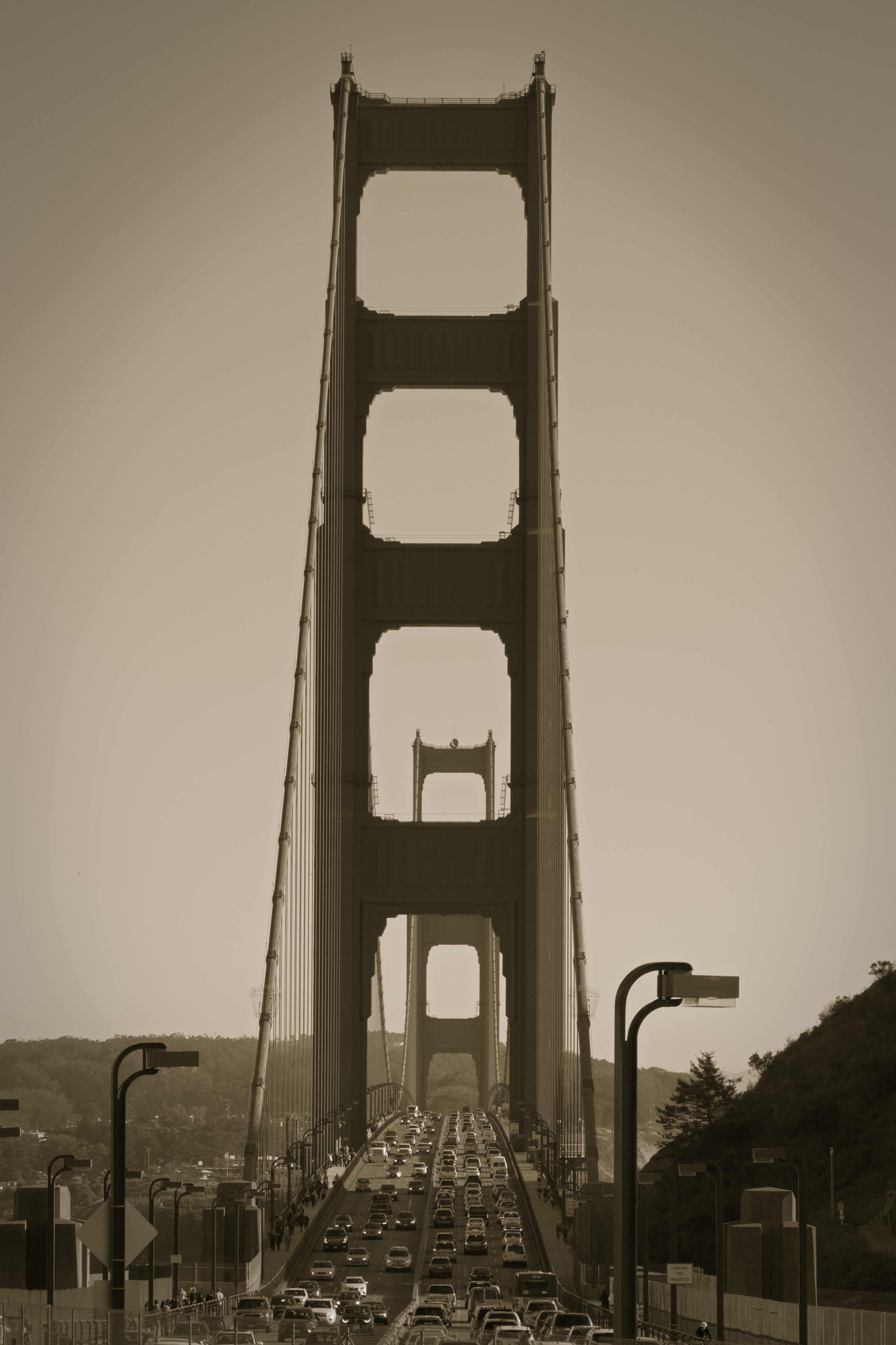 day, metropolis, no people, photography, clear sky, sephia, suspension bridge, golden gate bridge, usa, copy space, building exterior, transportation, in a row, Phone HD Wallpaper