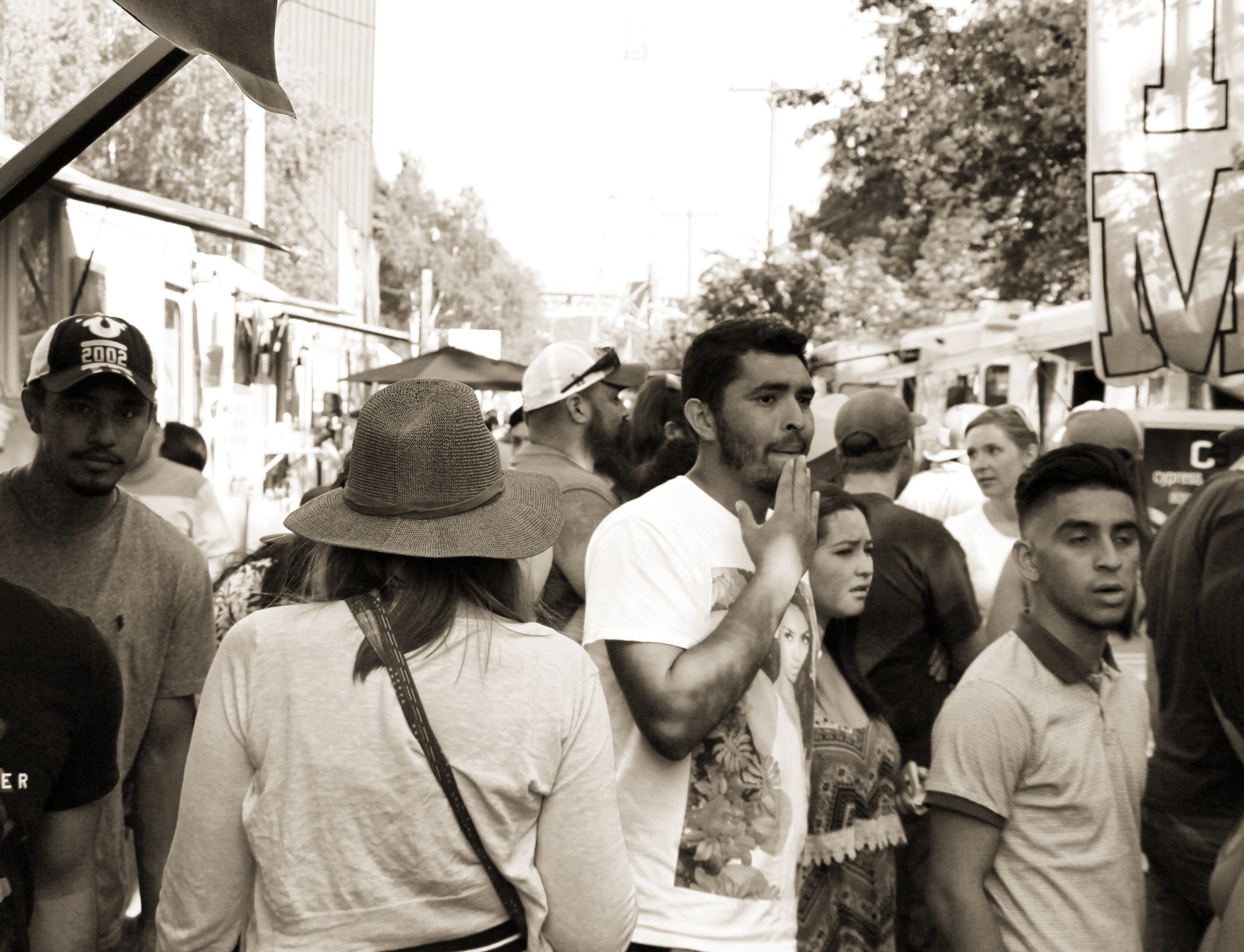 waist up, crowd, fair, hat, transportation, architecture, city life, mode of transportation, women, group of people, sephia, group, adult, street, day, HD Wallpaper