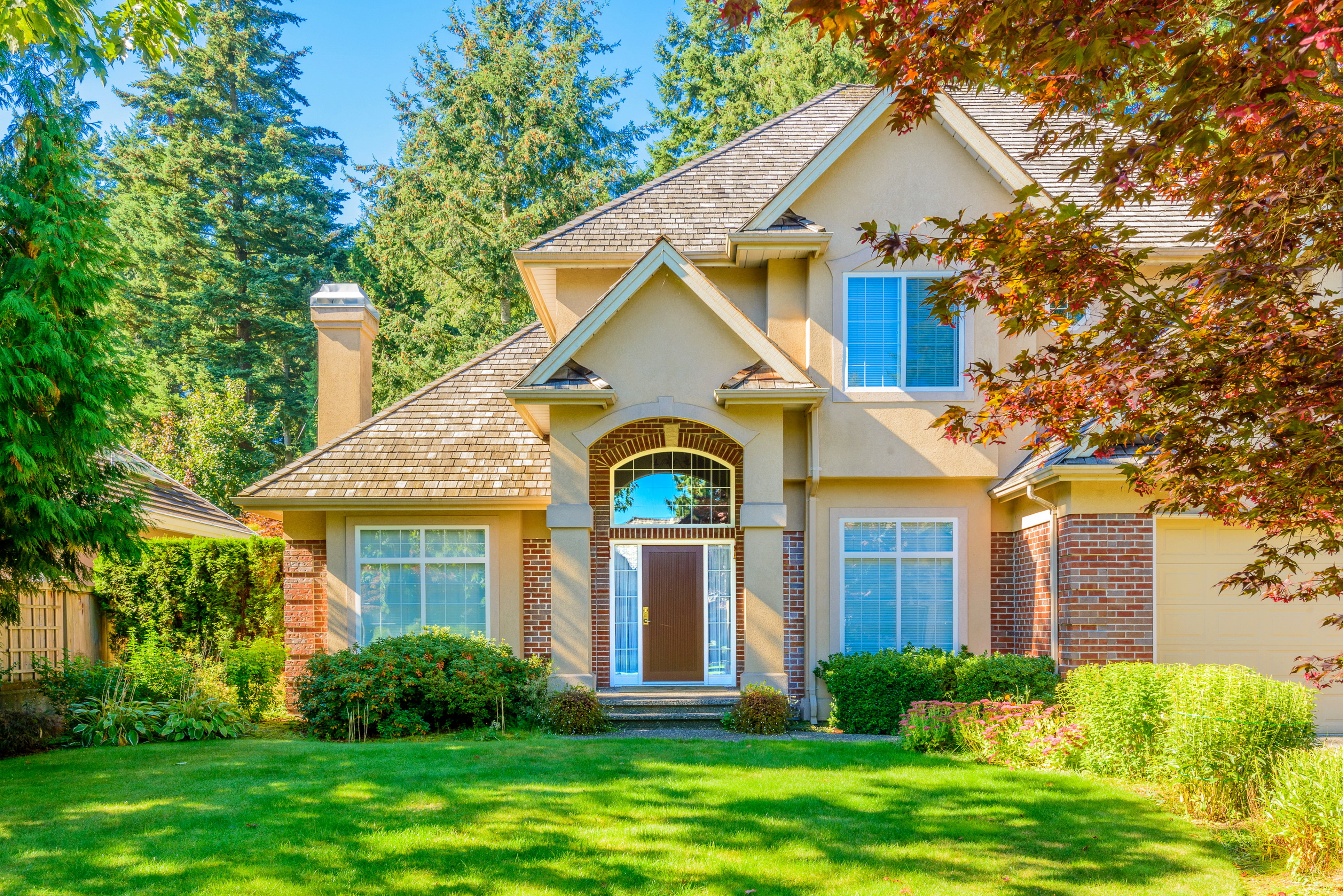 concrete, building Exterior, detached House, plant, facade, porch, new, beige, nature, tree, 4K, green Color, blue, formal Garden, door, house, trees, HD Wallpaper