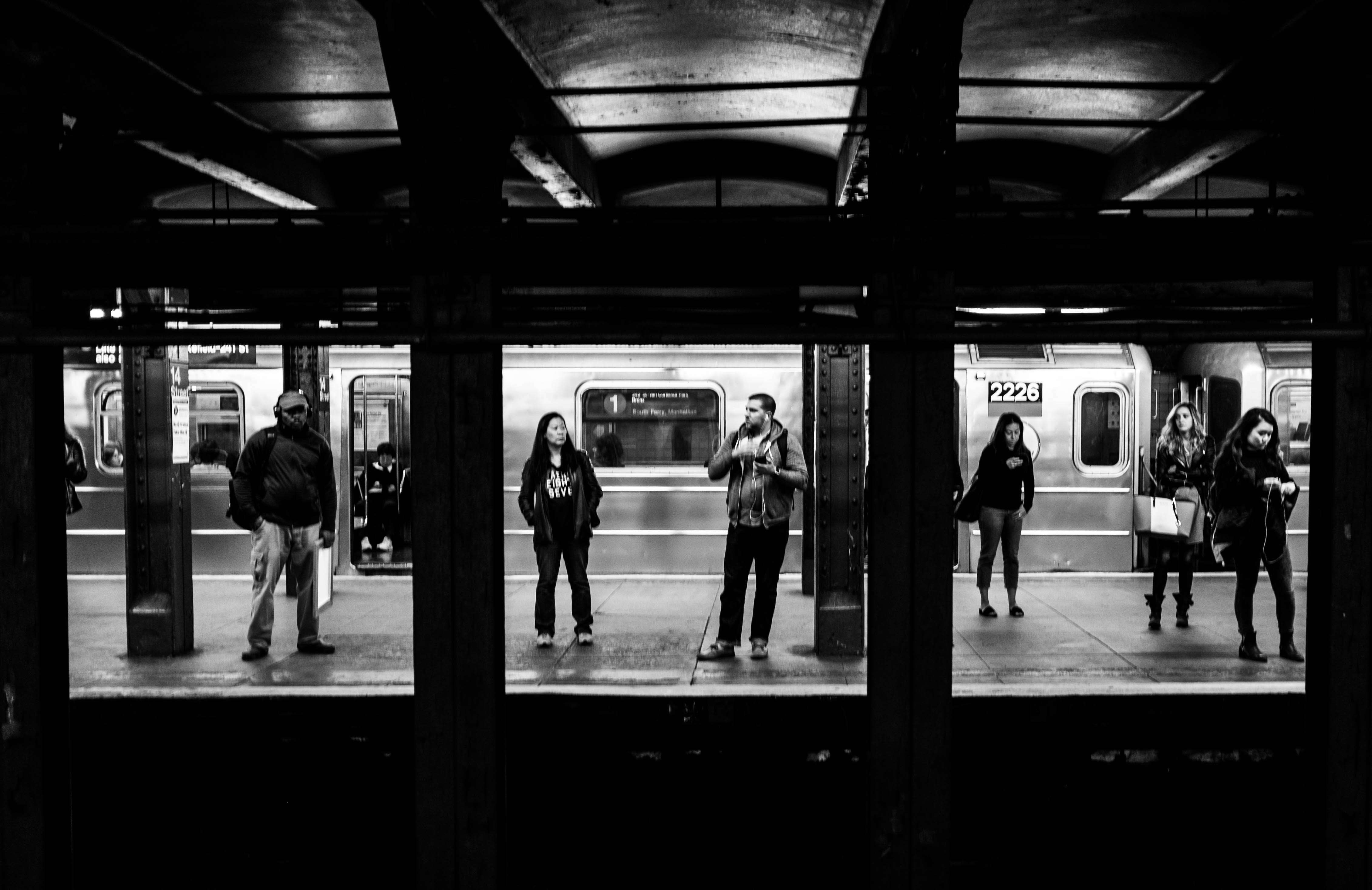 railroad station platform, symmetry, ceiling, public transportation, space, city, passenger, flooring, lifestyles, architecture, indoor, light, train, men, HD Wallpaper
