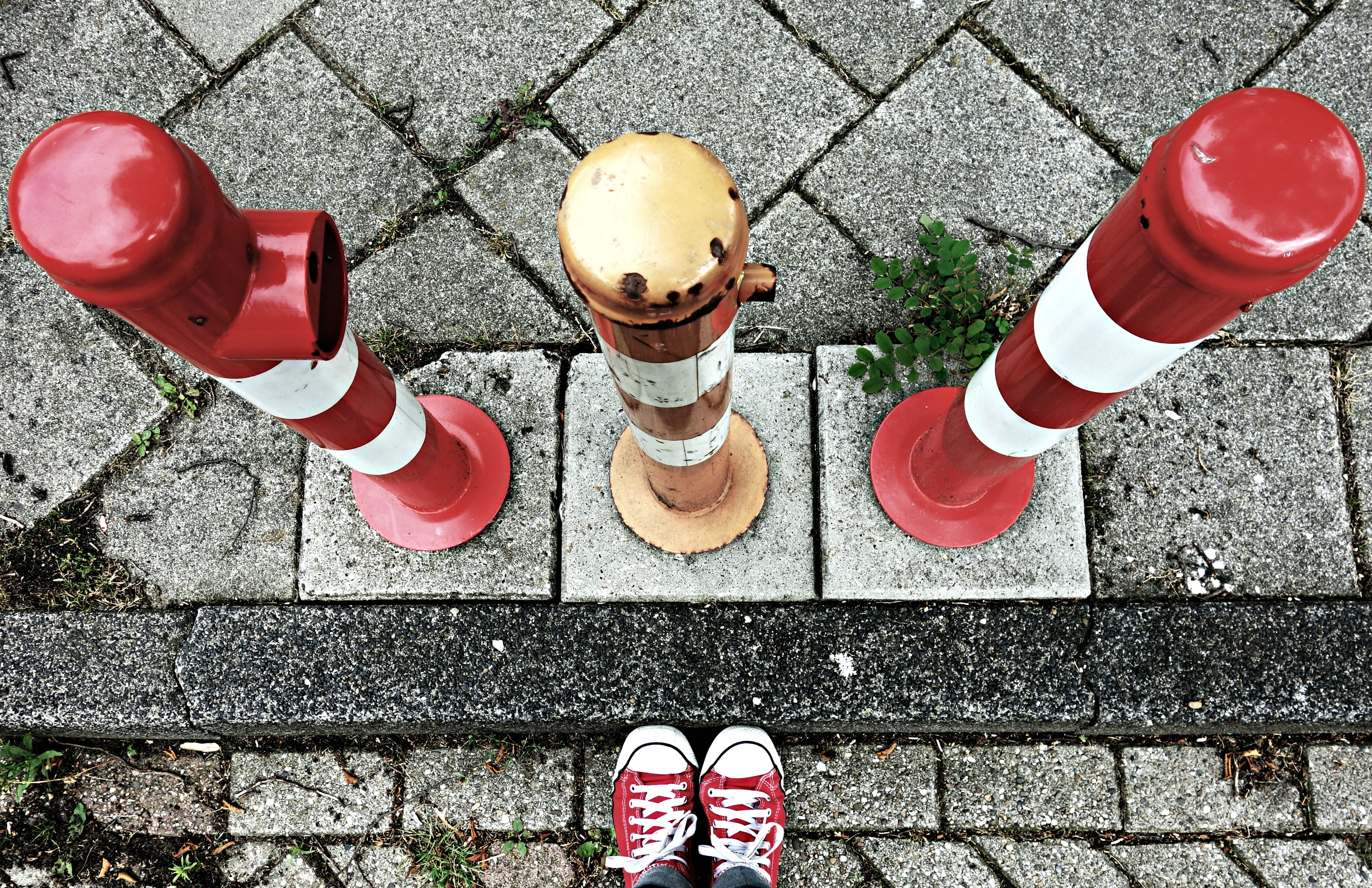city, red-white barrier, human foot, unrecognizable person, red, barrier, high angle view, real people, safety, shoe, footpath, human leg, directly above, HD Wallpaper