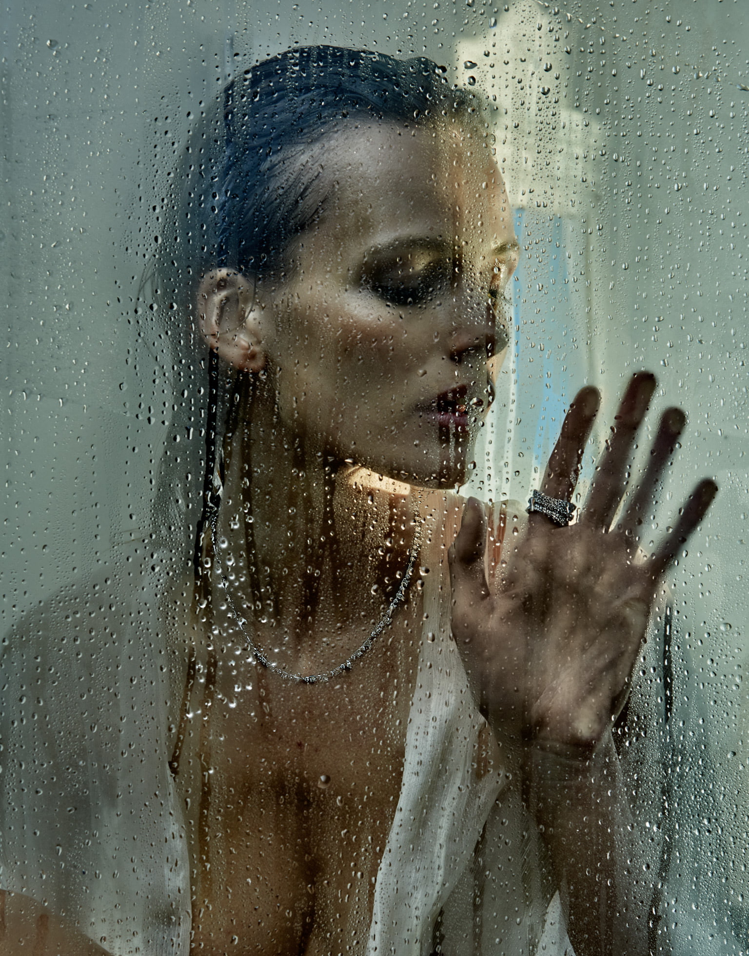 water drops, women, 1080P, Chris Colls, hands, wet body, closed eyes, Edita Vilkeviciute, Phone HD Wallpaper
