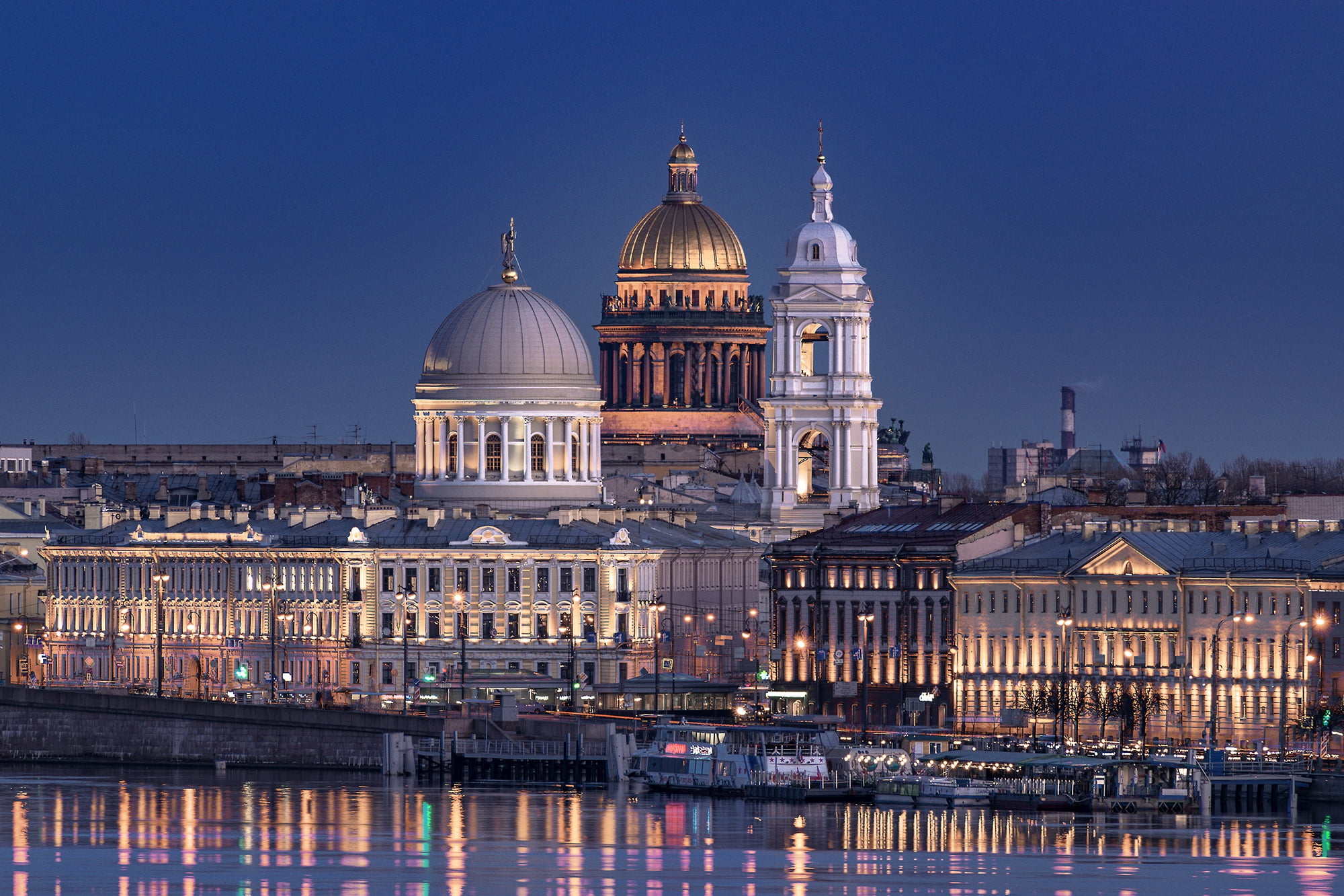 lighting, river, the city, ships, dome, Isaac Coll, Peter, Saint Petersburg, the evening, Neva, architecture, 1080P, HD Wallpaper