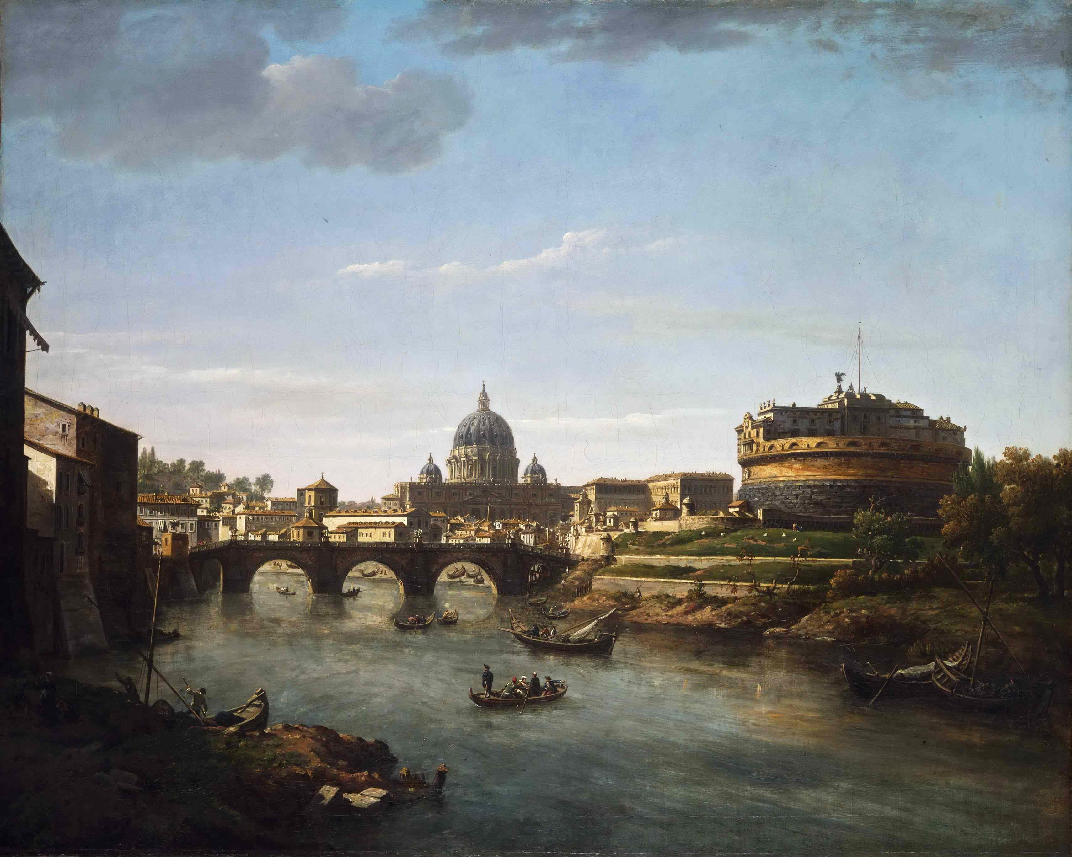 Cathedral, river, the sky, boat, picture, tower, clouds, the dome, Rome, bridge, the Tiber, people, William Marlow, 2K, HD Wallpaper