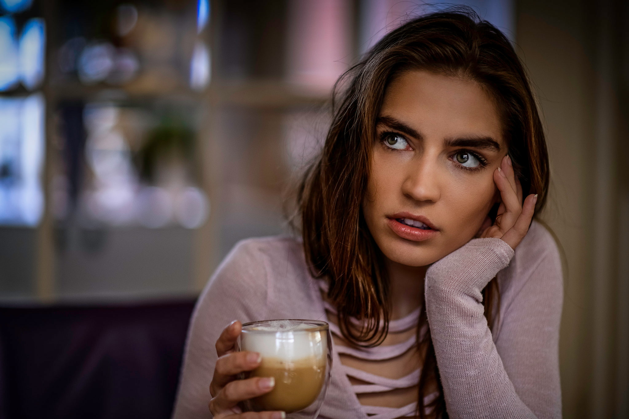 women, Lily Gilbert, face, cup, portrait, depth of field, 1080P, looking away, brunette, HD Wallpaper