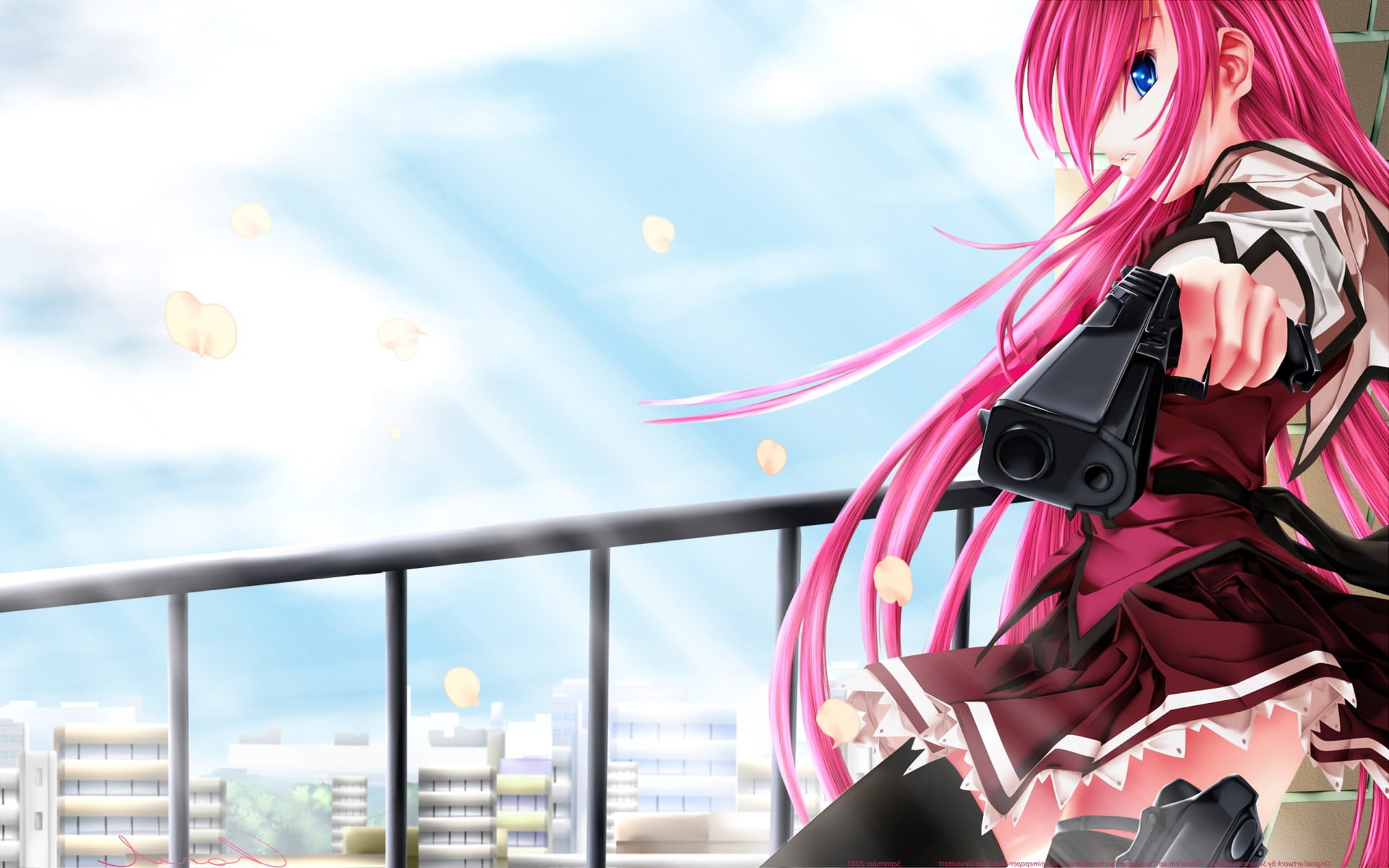 nature, day, sunlight, pink hair, building exterior, 1080P, Koisuru Otome to Shugo no Tate, outdoors, pink color, focus on foreground, anime girls, cloud - sky, HD Wallpaper