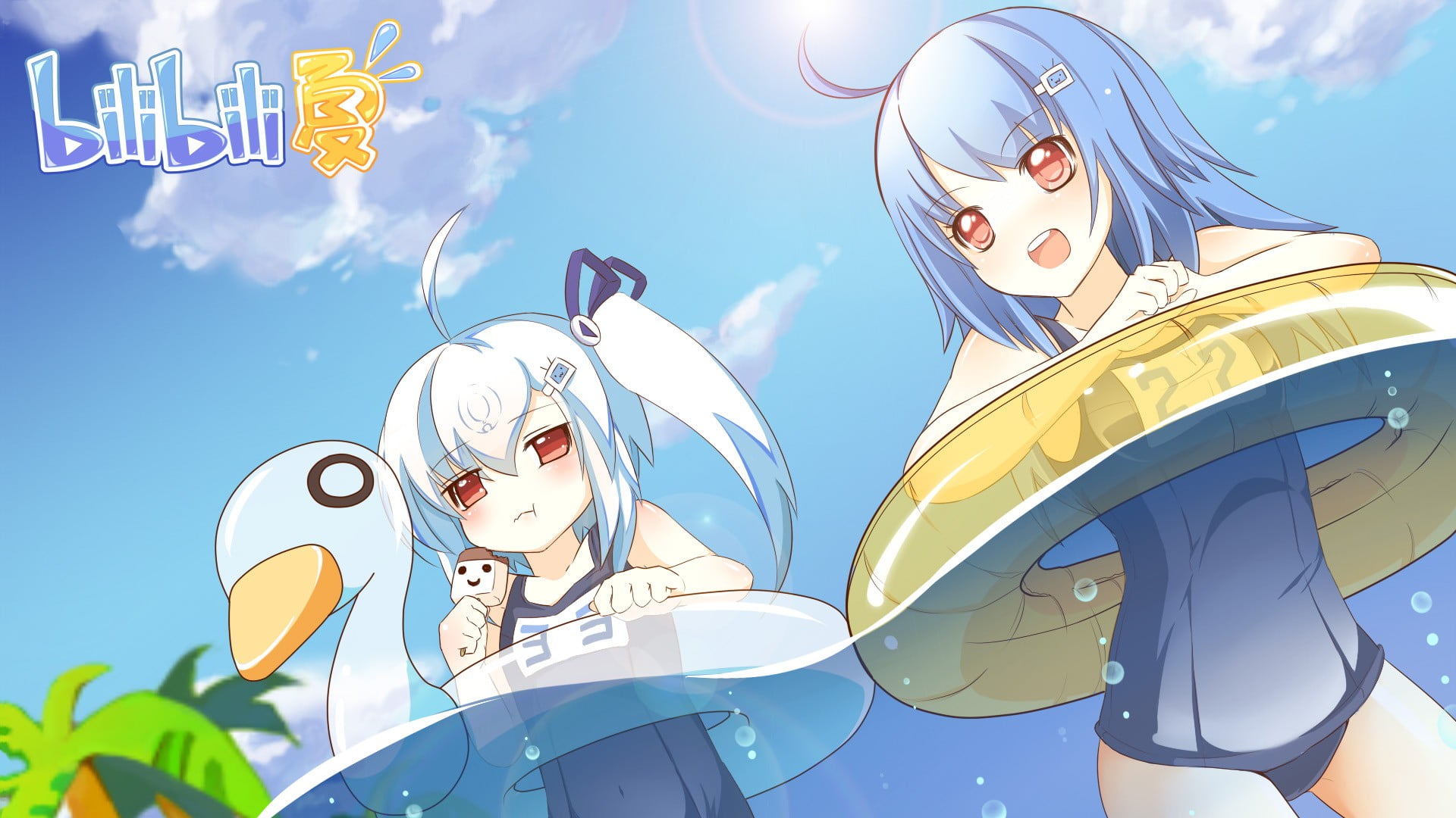 1080P, multi colored, anime girls, creativity, blue, sunlight, bilibili, low angle view, no people, outdoors, nature, mammal, lifestyles, sky, representation, HD Wallpaper