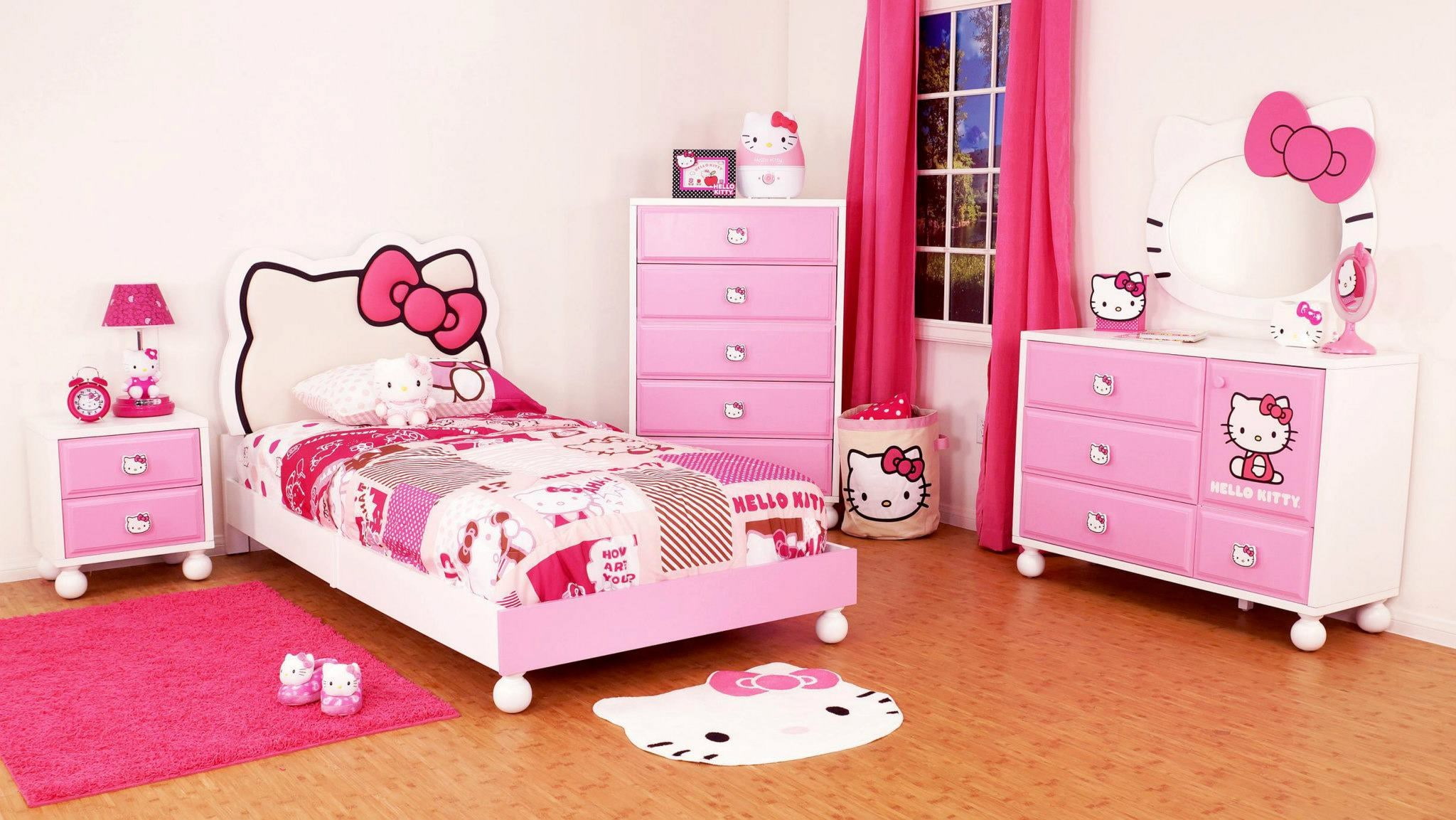 furniture, childhood, teddy bear, floral pattern, pink color, toy, hello kitty  pictures, indoors, hardwood floor, heart shape, child, pillow, domestic room, HD Wallpaper