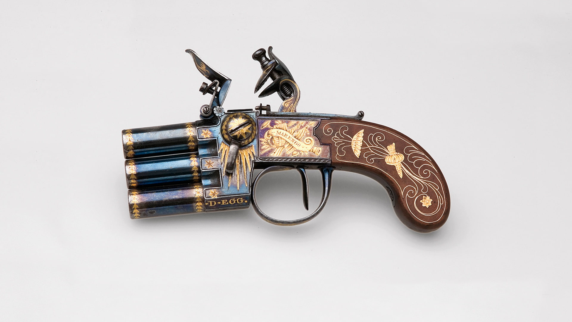 silver colored, luxury, 1080P, aggression, revolver, antique, weapon, chamber box, history, social issues, ornate, gray, studio shot, gray background, HD Wallpaper