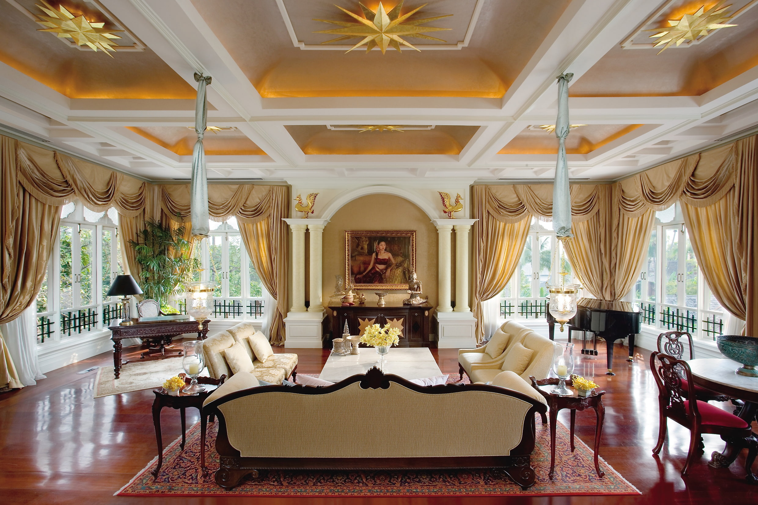 windows, table, classic, chairs, artwork, columns, 1080P, curtains, living room, sofas, HD Wallpaper