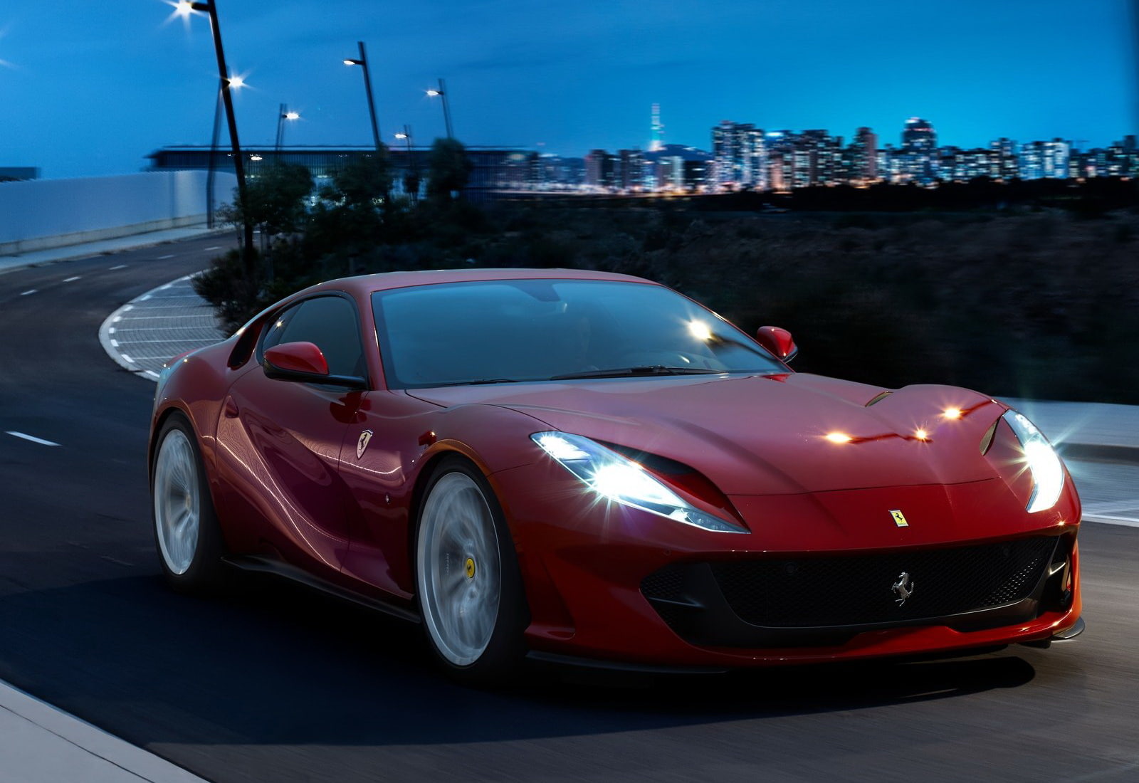 ferrari, (2018), street, road, superfast, red, cityscape, car, 812, building exterior, motion, illuminated, no people, architecture, 720P, motor vehicle, HD Wallpaper