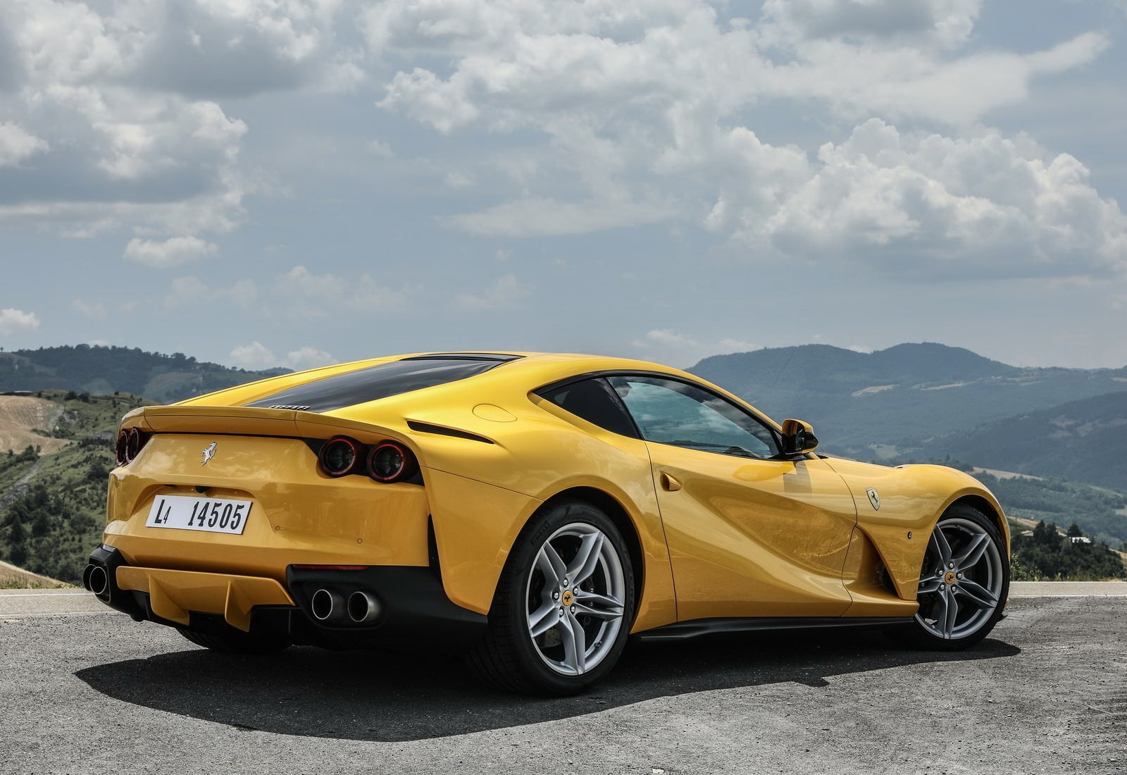 sunlight, superfast, road, motor vehicle, retro styled, mountain, sky, yellow, land vehicle, cloud - sky, 720P, day, vintage car, ferrari, (2018), outdoors, HD Wallpaper