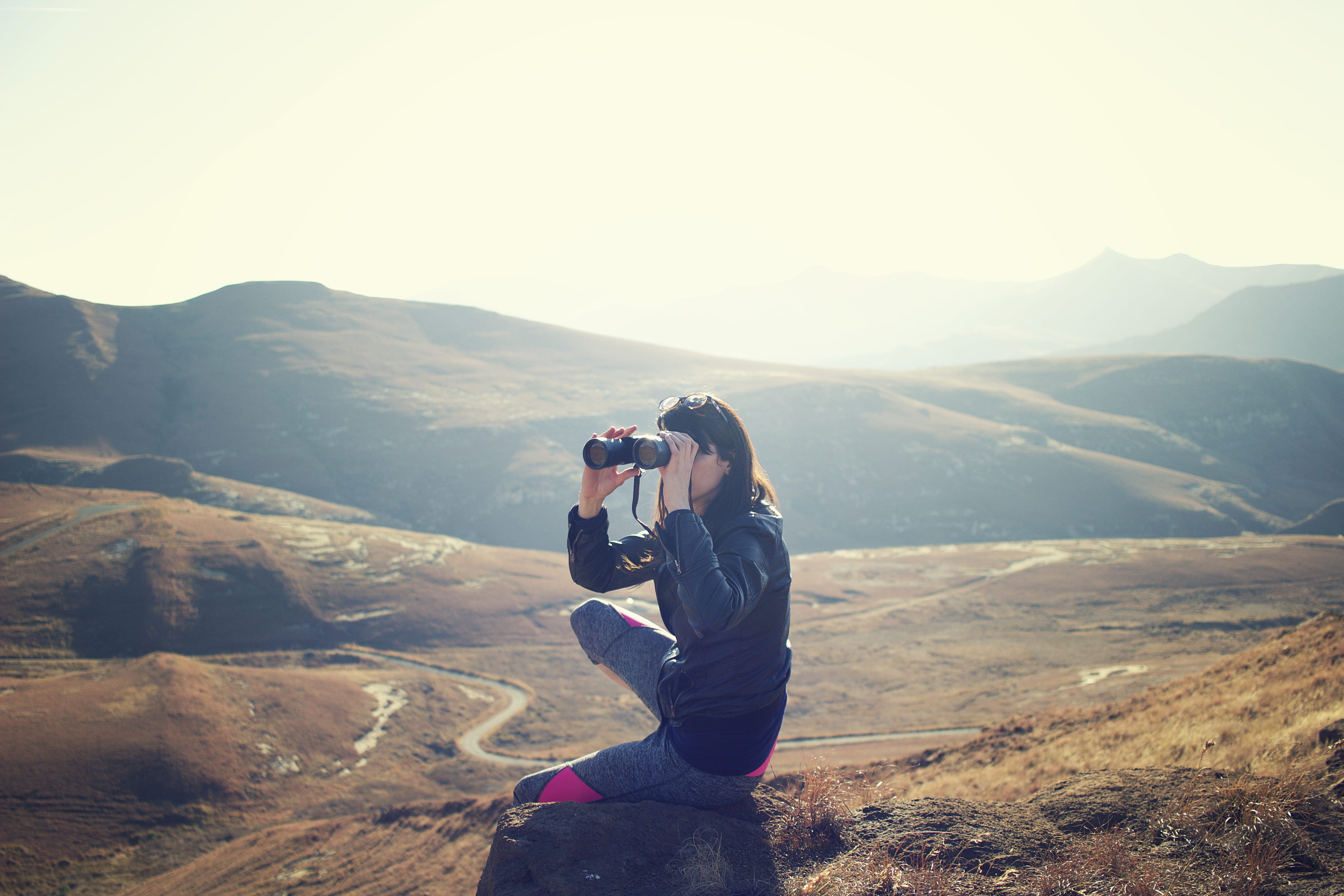 binoculars, ground, technology, leisure activity, hill, mountain, photographing, women, outdoors, nature, daytime, young adult, winding road, lifestyles, HD Wallpaper