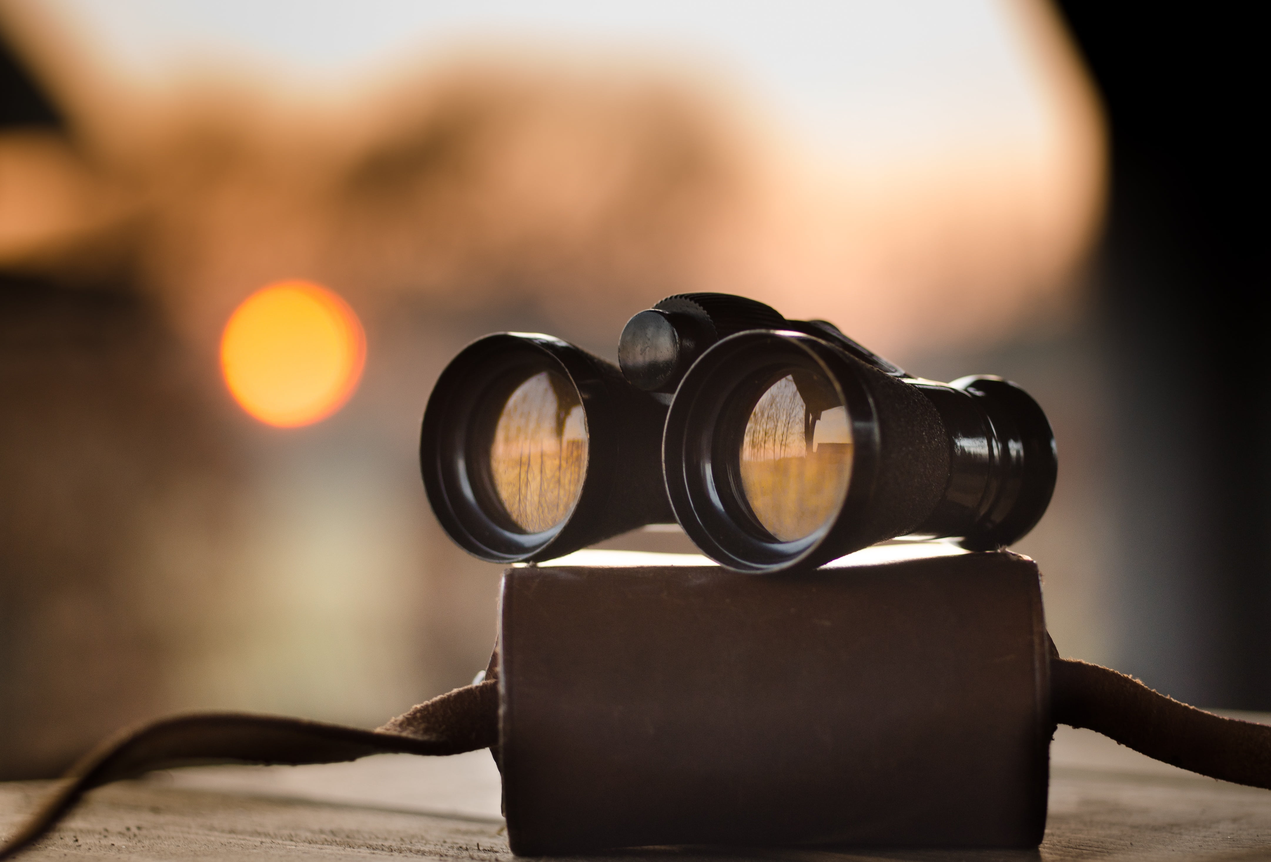 night, optical, binoculars, bokeh, close-up, security, no people, surveillance, 4K, beige, focus on foreground, lens flare, sunset, lens - optical instrument, HD Wallpaper