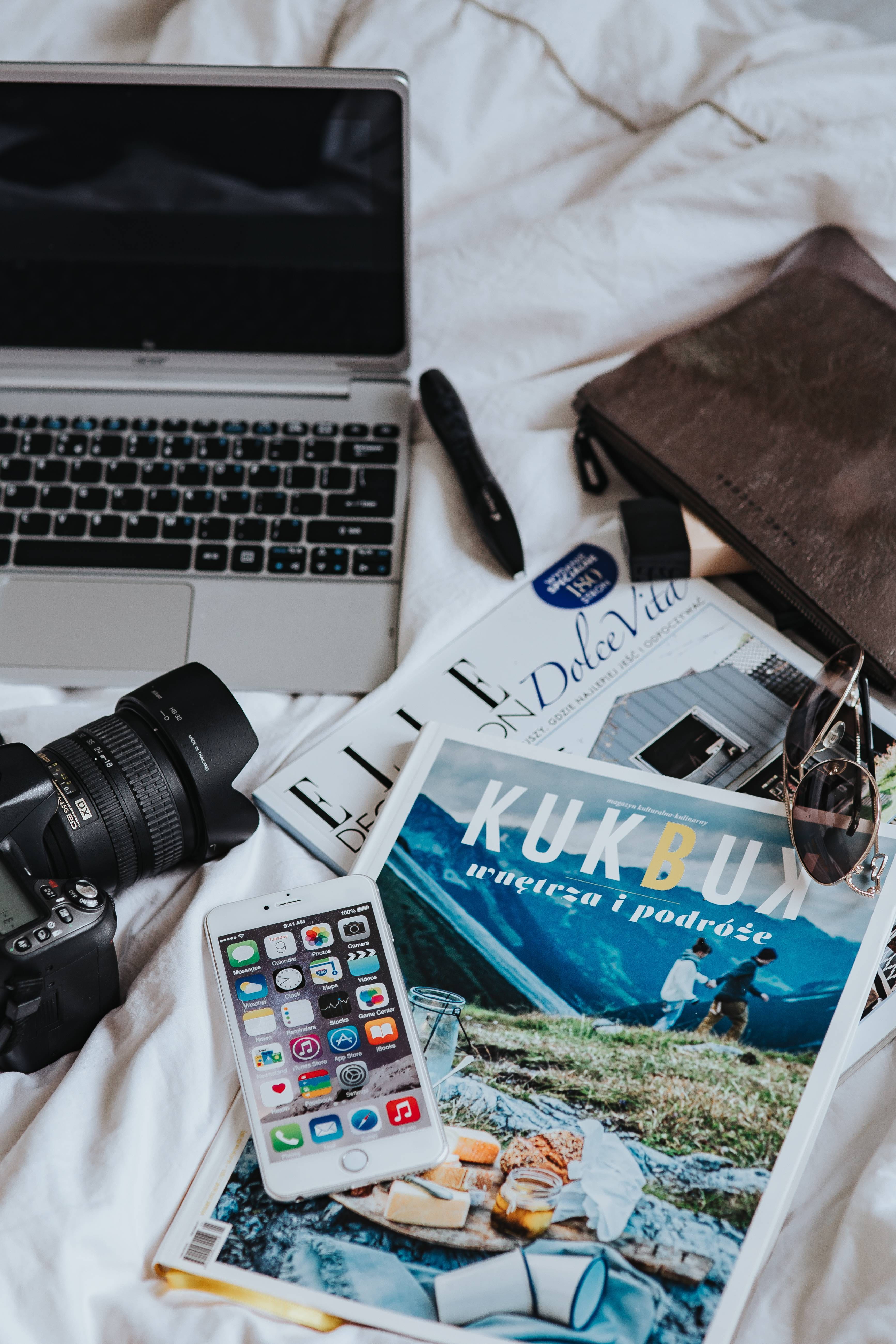 high angle view, connection, magazines, photographic equipment, laptop, still life, communication, 5K, items, camera, wireless technology, technology, Phone HD Wallpaper