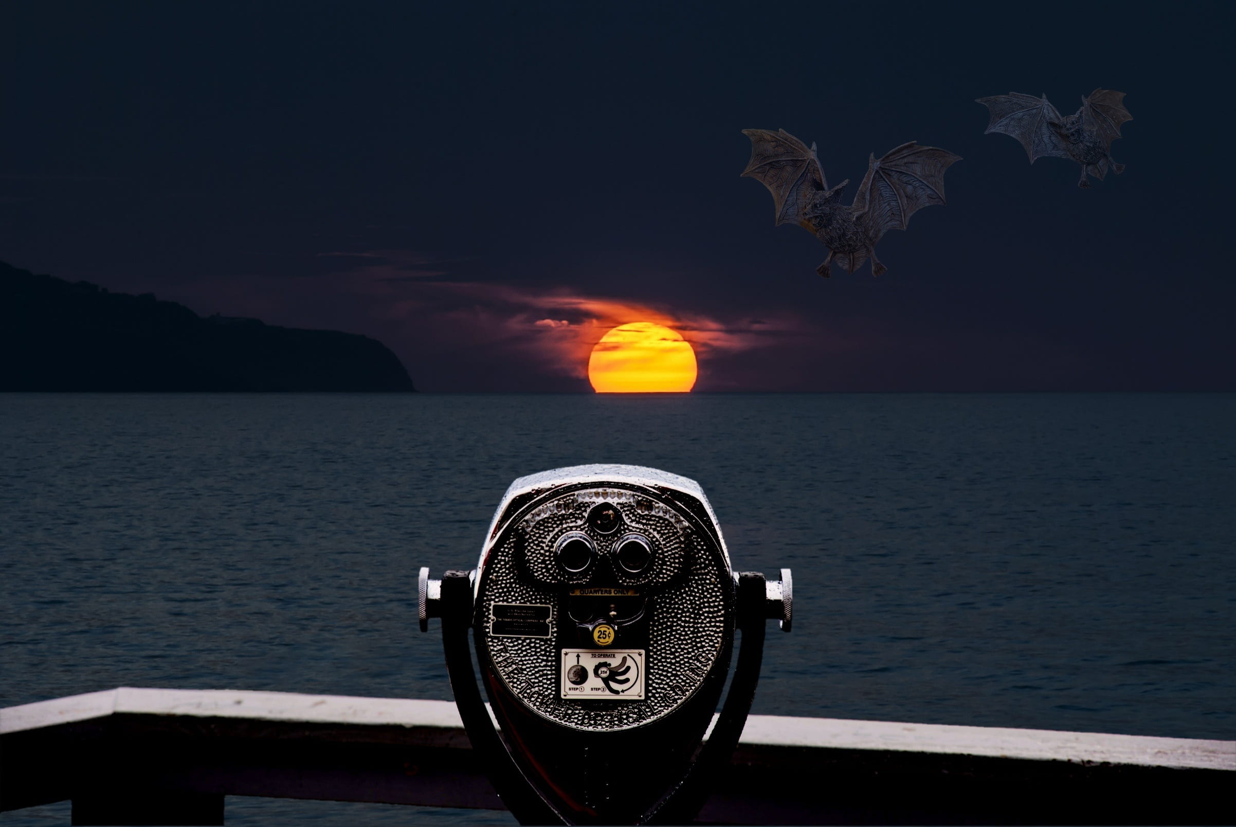 binoculars, scenery, viewpoint, distant, no people, tranquility, bats, gray, lookout, optics, nature, travel destinations, illustration, 1080P, afterglow, HD Wallpaper