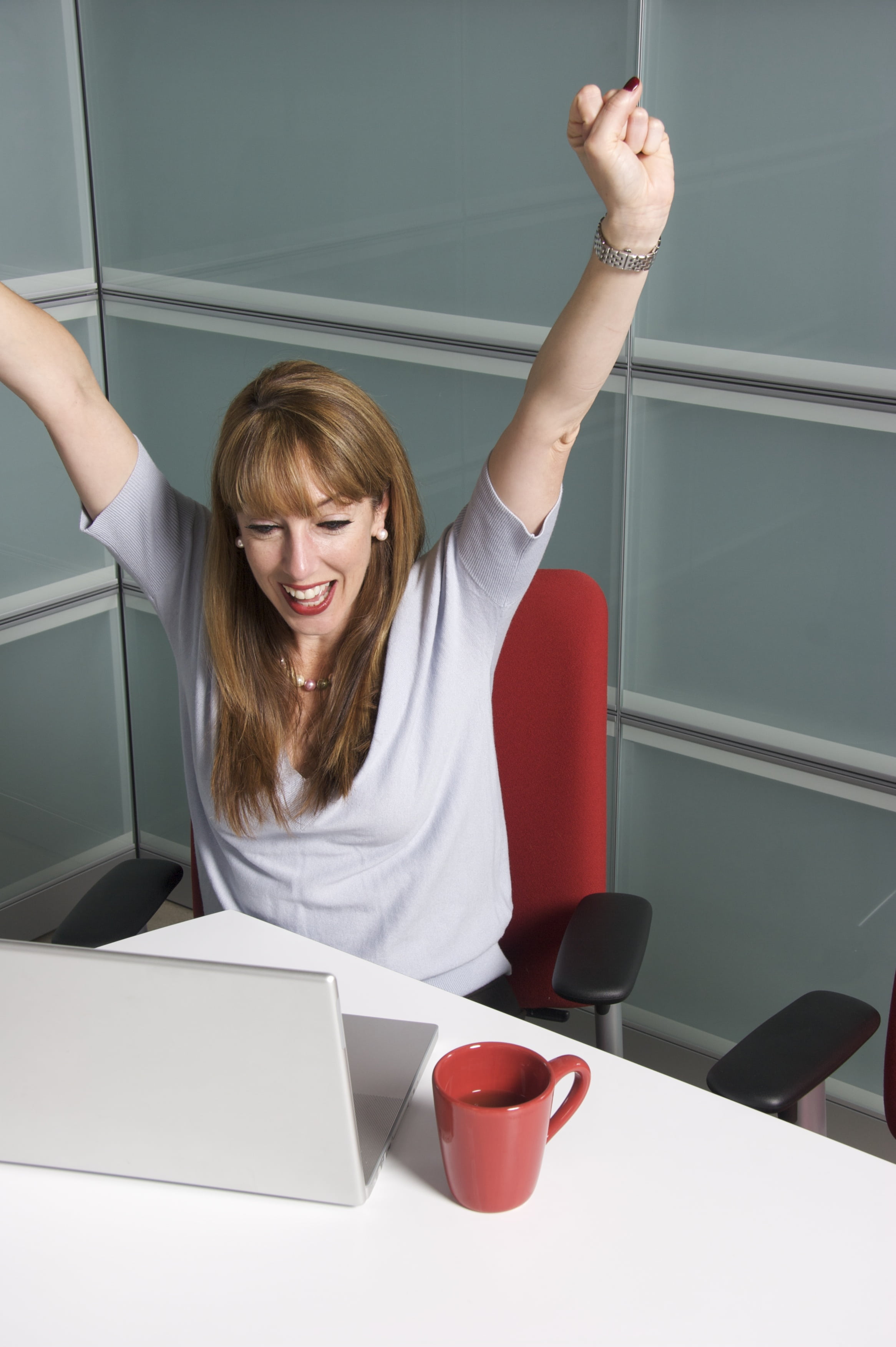 hairstyle, female, young Adult, one Person, success, using laptop, desk, office, front, arms raised, cup, females, connection, working, real people, drink, Phone HD Wallpaper