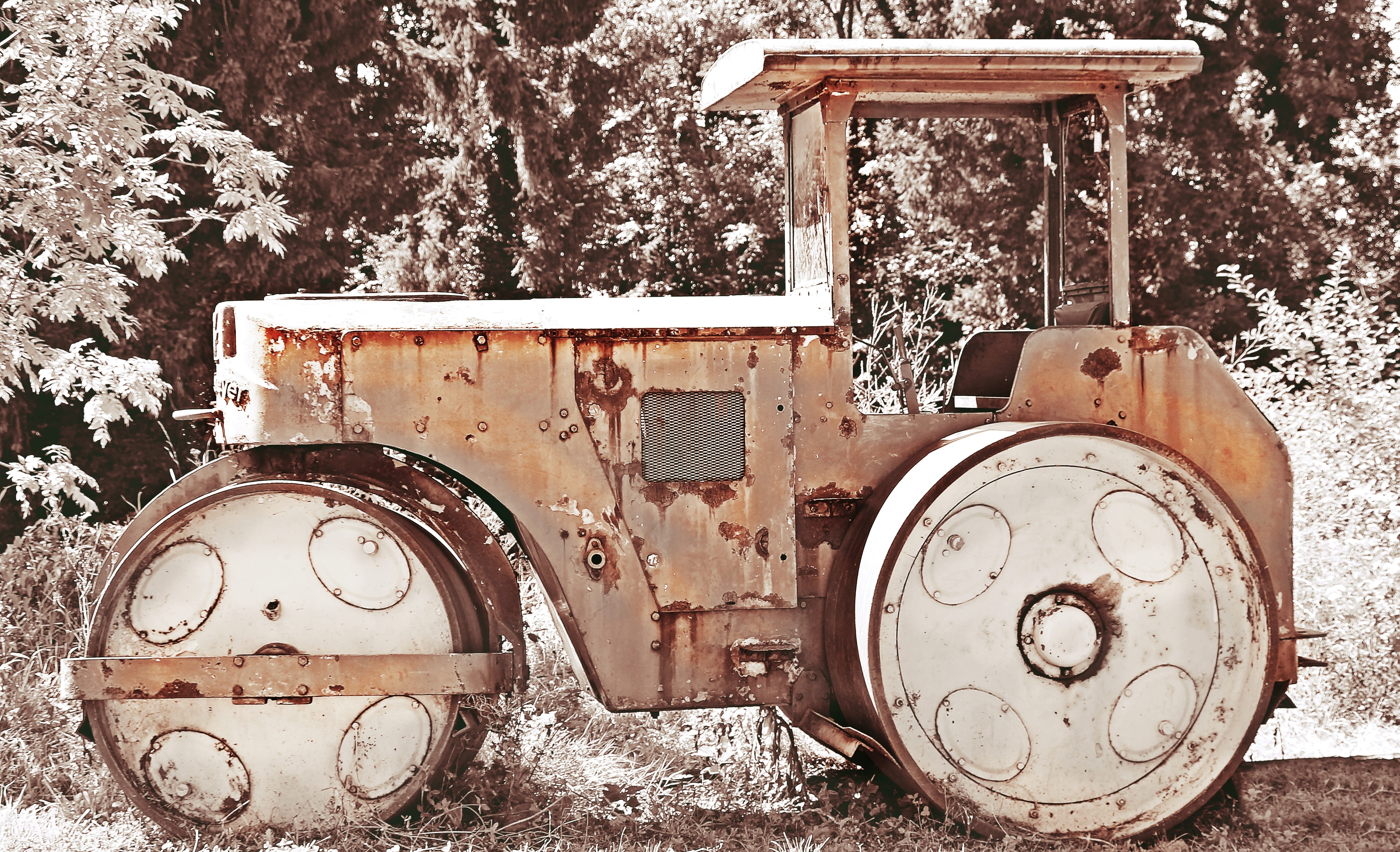 rusted, lapsed, shut down, mode of transportation, rusty, ailing, rotted roll, obsolete, iron, outdoors, weathered, winter, roll, land, nature, tree, disused roller, HD Wallpaper