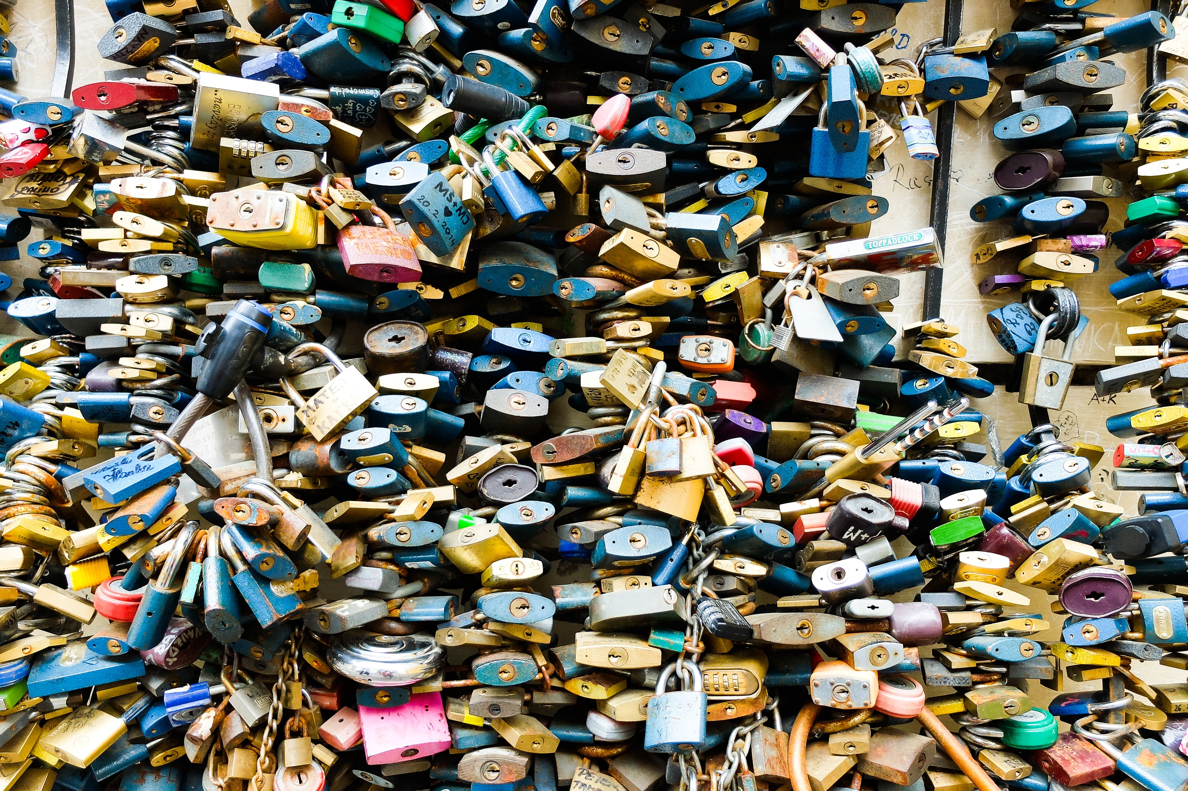 safety, outdoors, love-lock, still life, multi colored, metal, full frame, bond, locks, abundance, backgrounds, 4K, padlock, security, banská štiavnica, HD Wallpaper