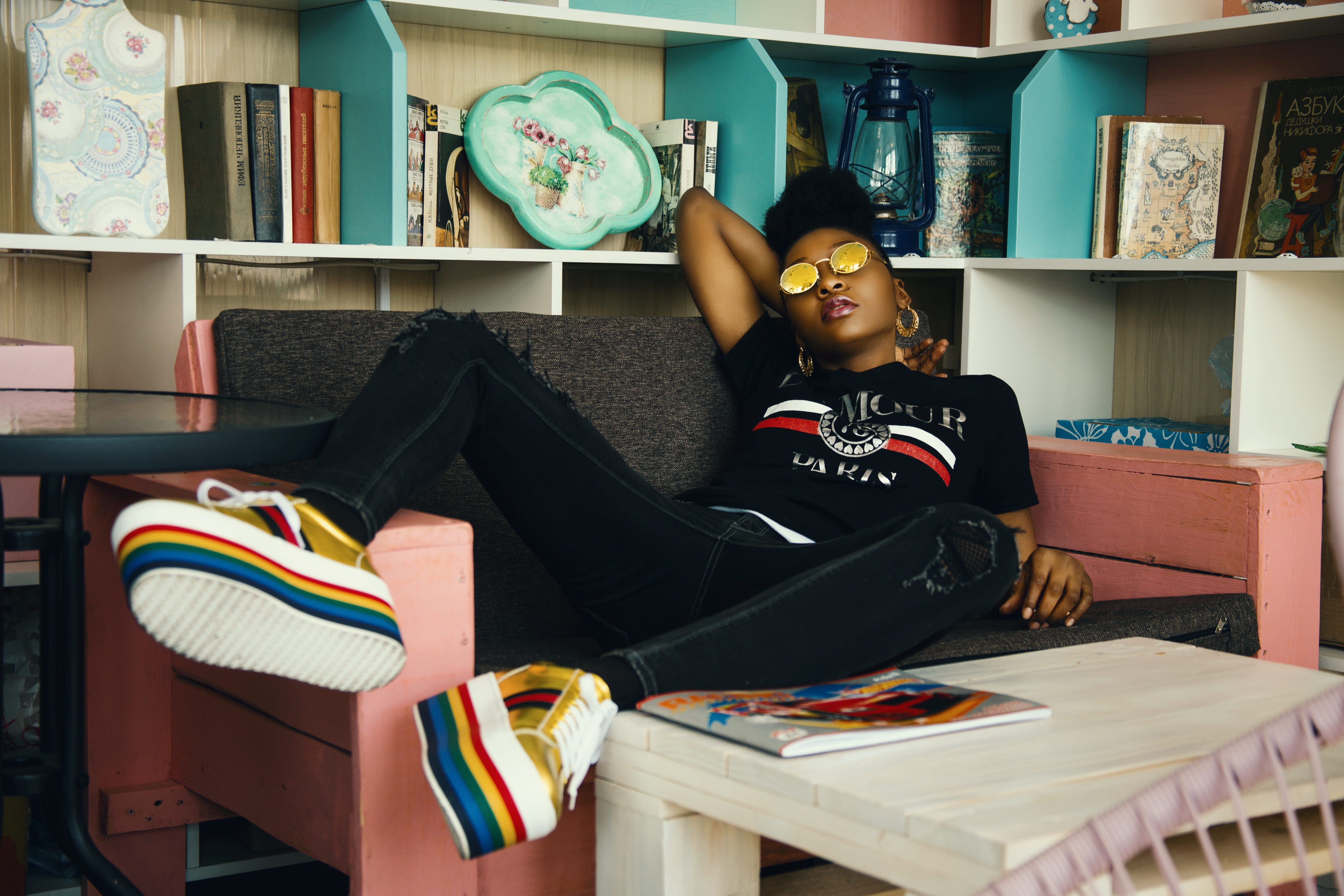 teenager, sitting, literature, bookshelf, bookcase, relaxation, girl, lifestyles, eyewear, hairstyle, young adult, rest, room, publication, colors, young women, HD Wallpaper