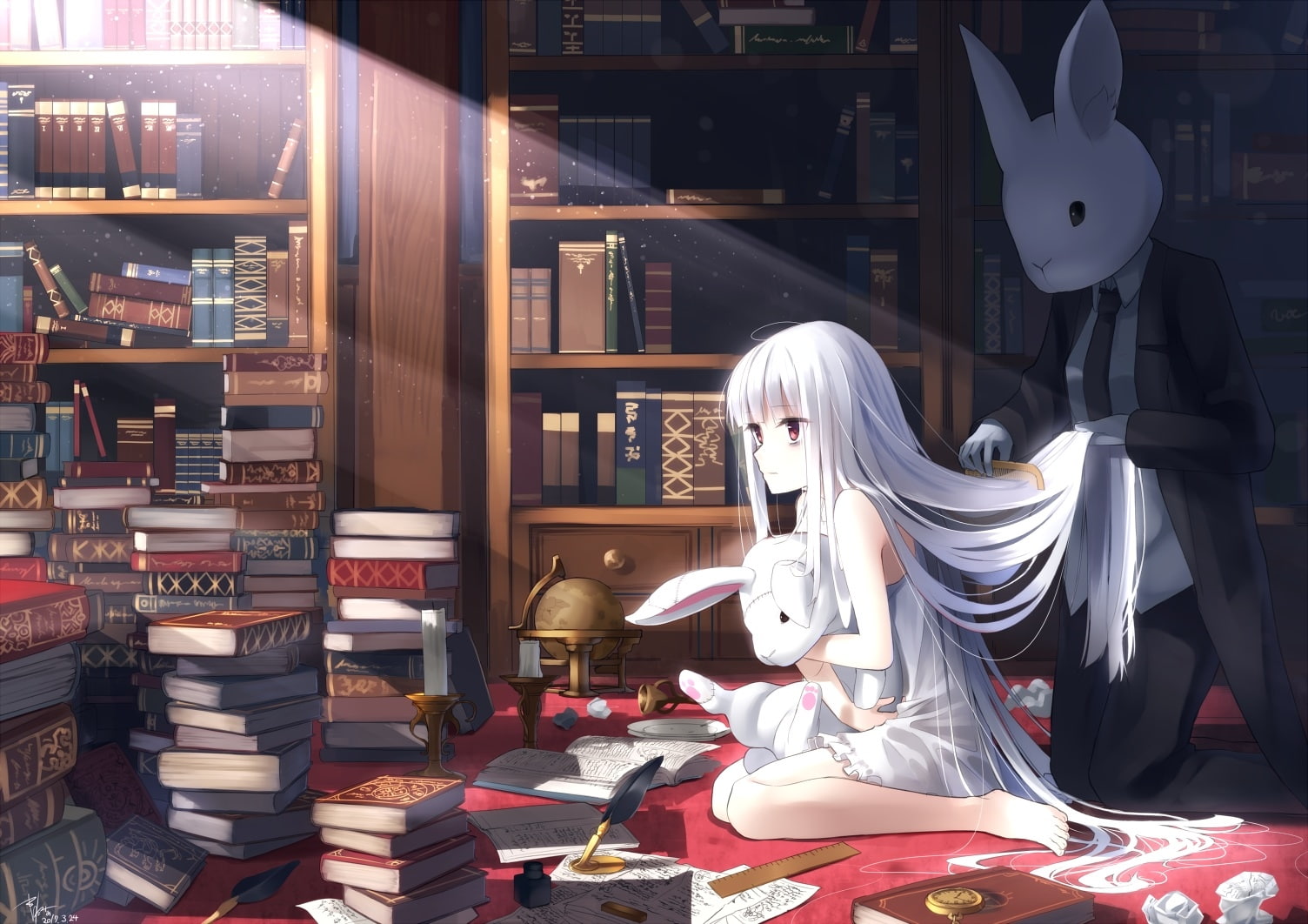 large group of objects, shelf, white hair, stack, no people, bookshelf, anime girl, Anime, bunny, indoors, library, for sale, still life, 720P, representation, HD Wallpaper
