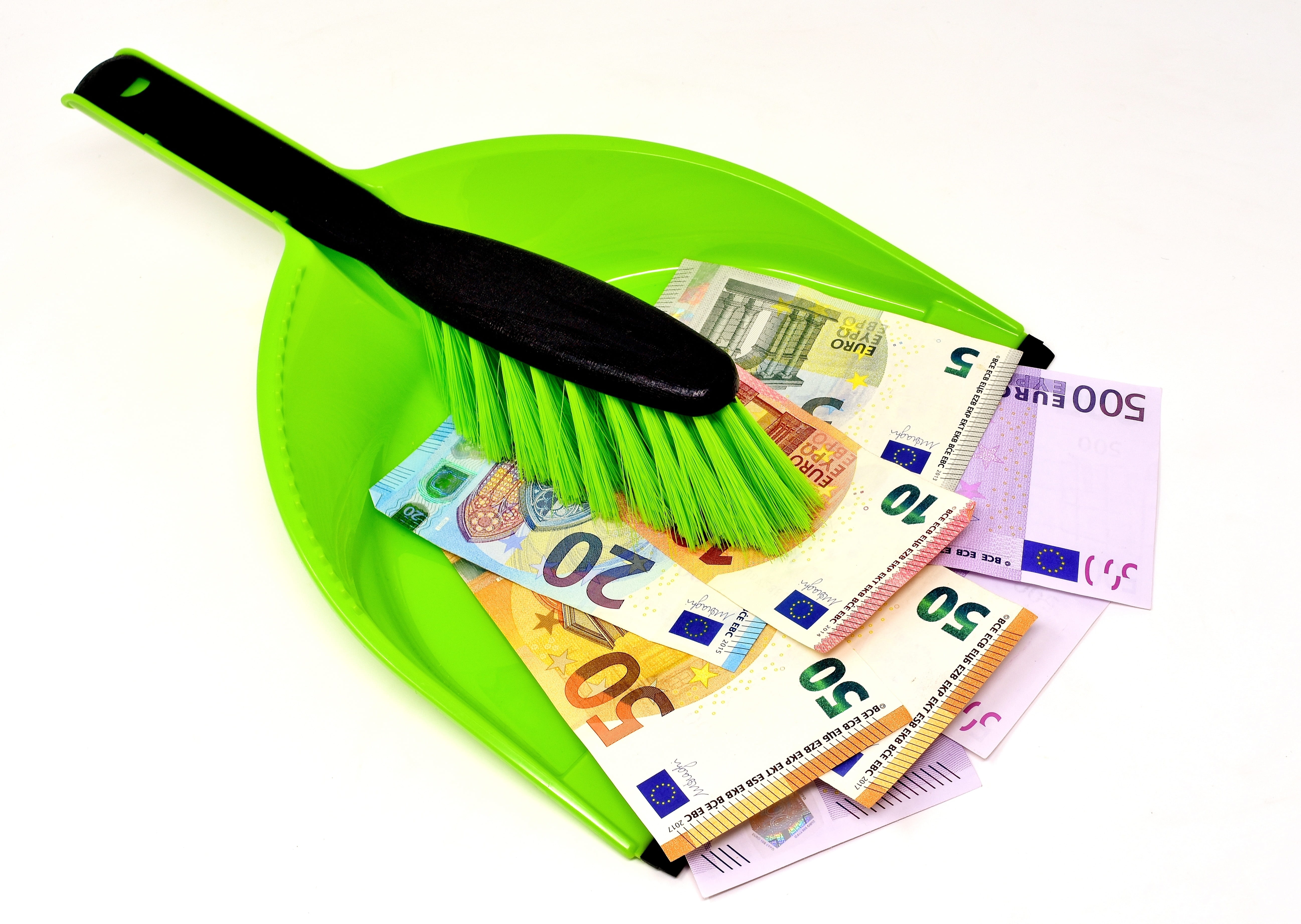 high angle view, assorted, cut out, economy, broom, green color, symbolic, paper currency, studio shot, handled, white background, bank note, money, dustpan, HD Wallpaper