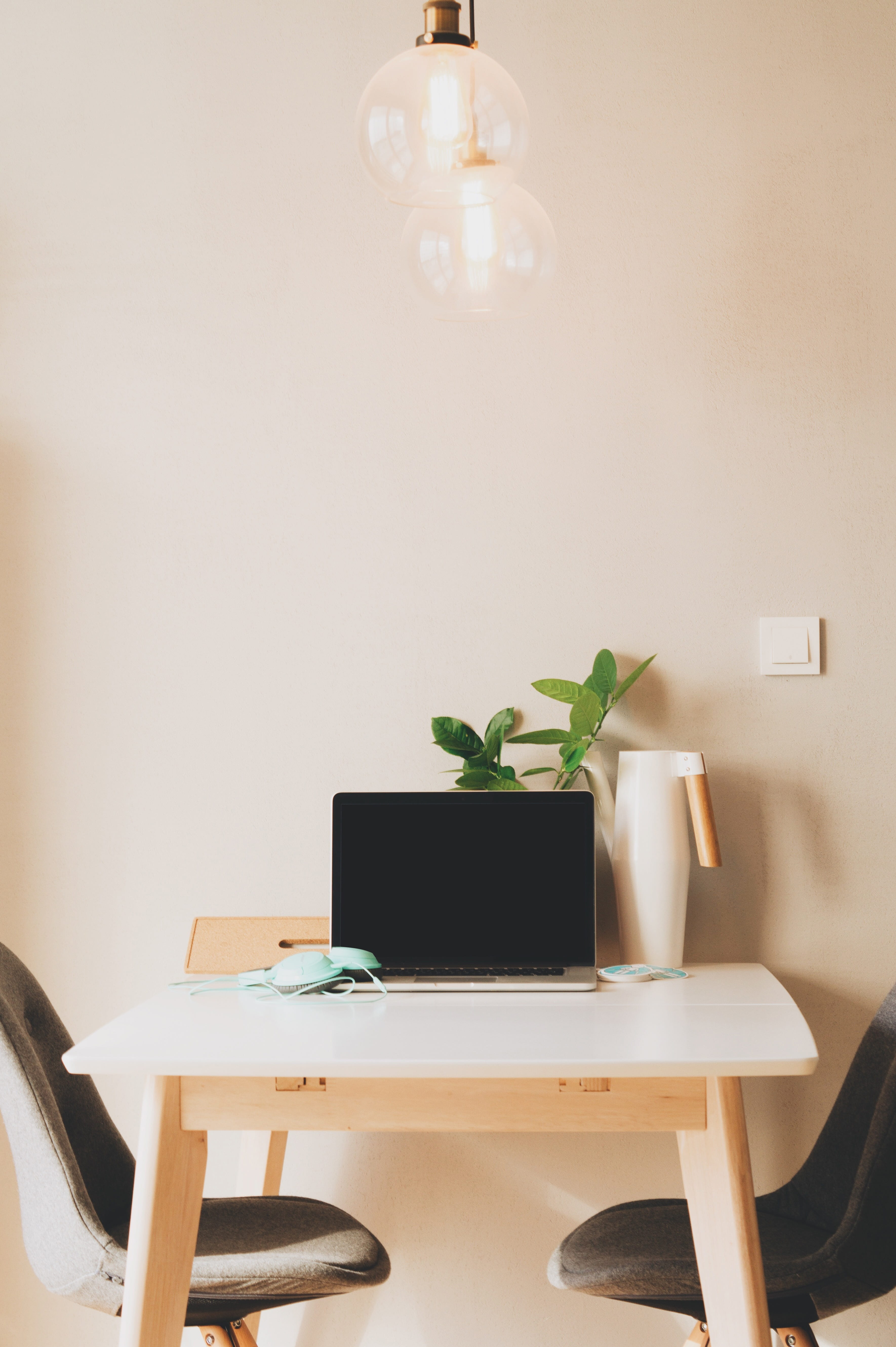 furniture, home interior, light, computer, indoors, study, brown, seat, laptop, table, houseplant, potted plant, wall, connection, office, gray, work, nature, Phone HD Wallpaper