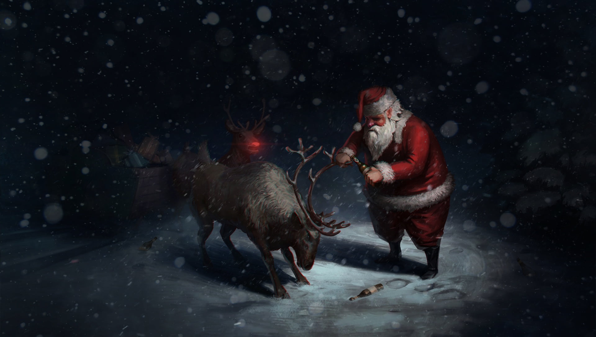 by Igor Khomenko, Tired, Happy New Year, Snow, Gifts, Deer, New Year, Snowflakes, Tree, Humor, Igor Khomenko, Mood, Santa Claus, Winter, 1080P, Beer, The snow, HD Wallpaper