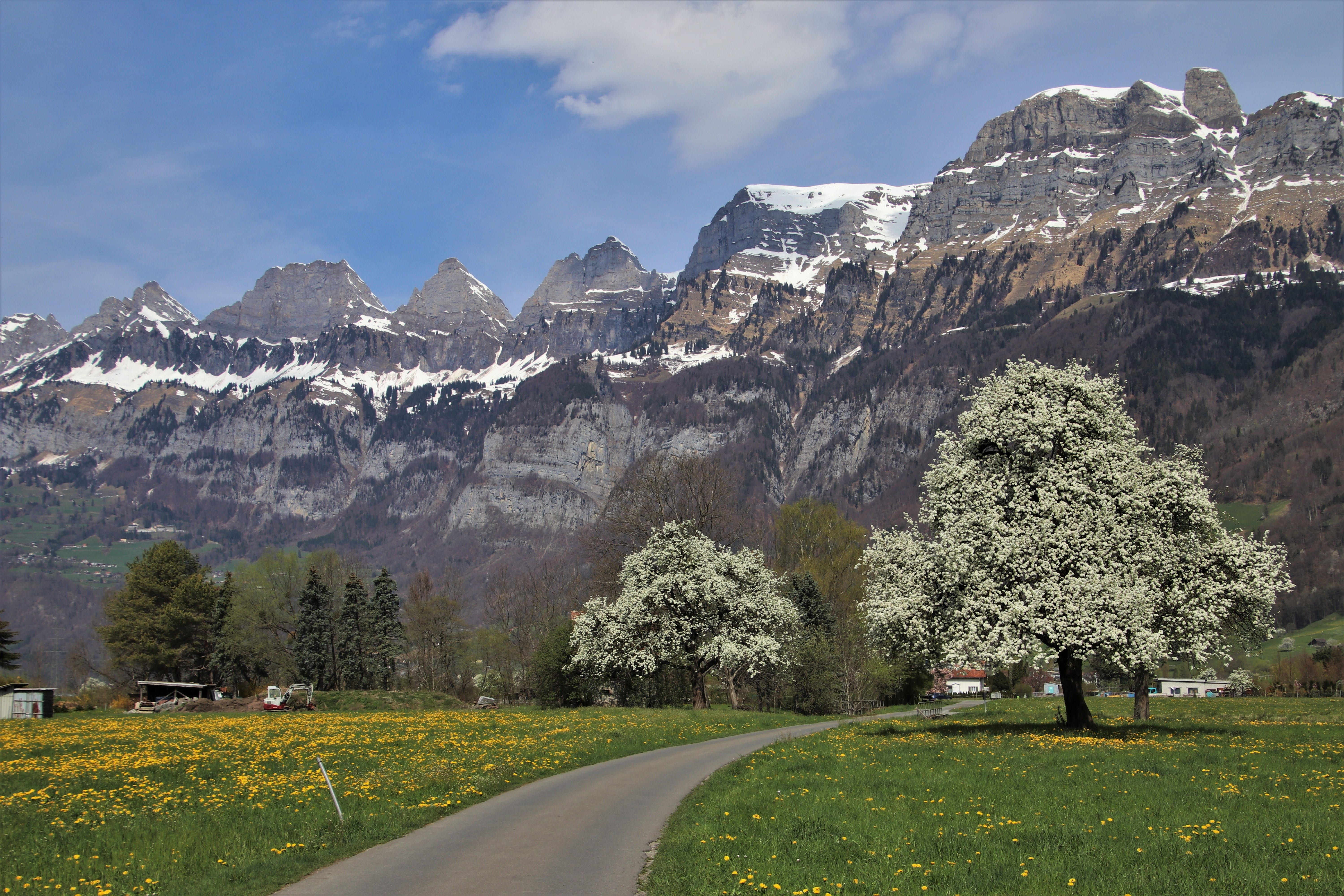 non-urban scene, diminishing perspective, no people, sky, the alps, rocks, formation, alpine, flums, dandelion meadow, the smell of, nature, array, transportation, HD Wallpaper