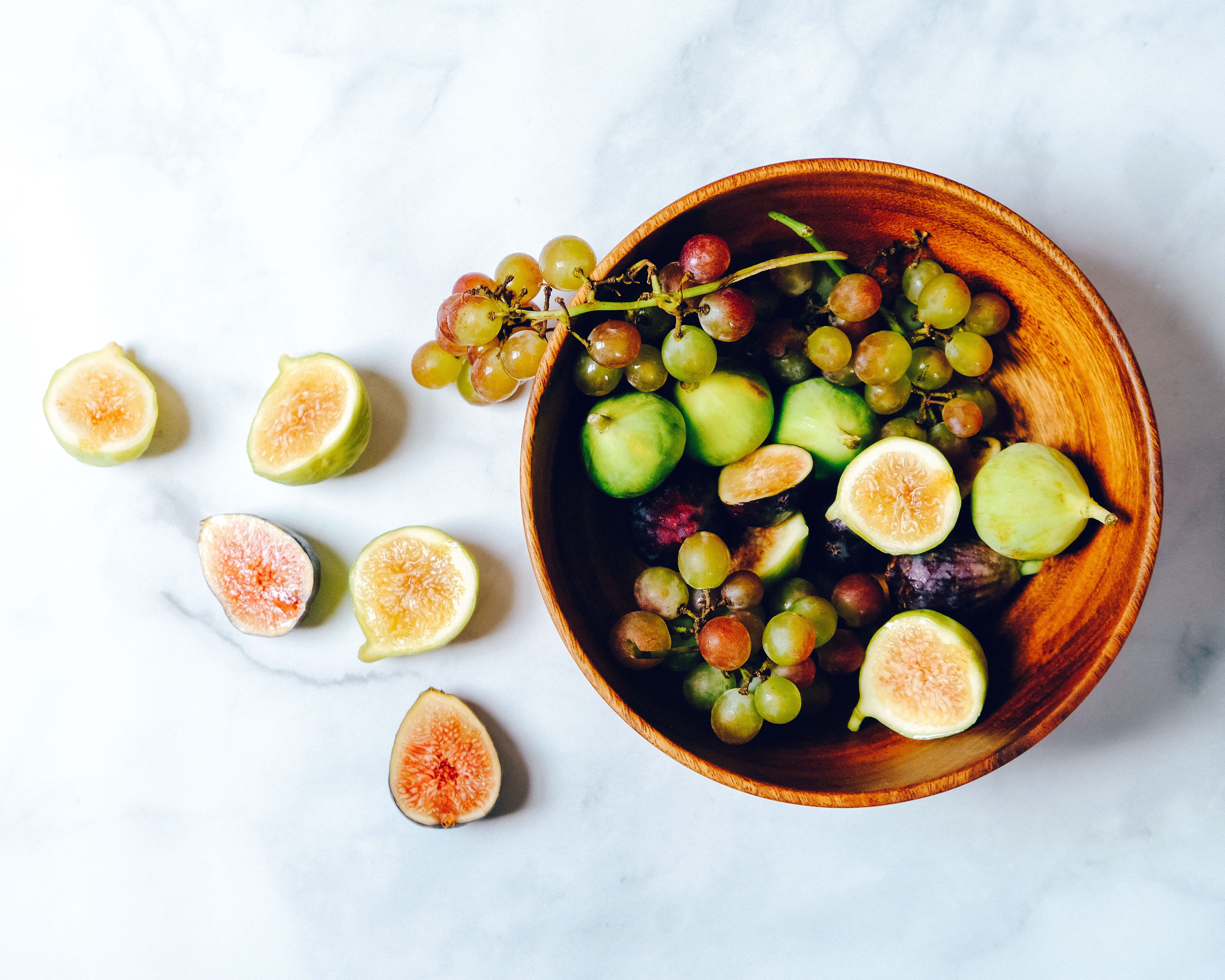 table, freshness, white background, indoors, 4K, vegetable, citrus fruit, close-up, still life, mixed fruits, fig, diet, bowl, bowl of fruit, half, healthy, HD Wallpaper