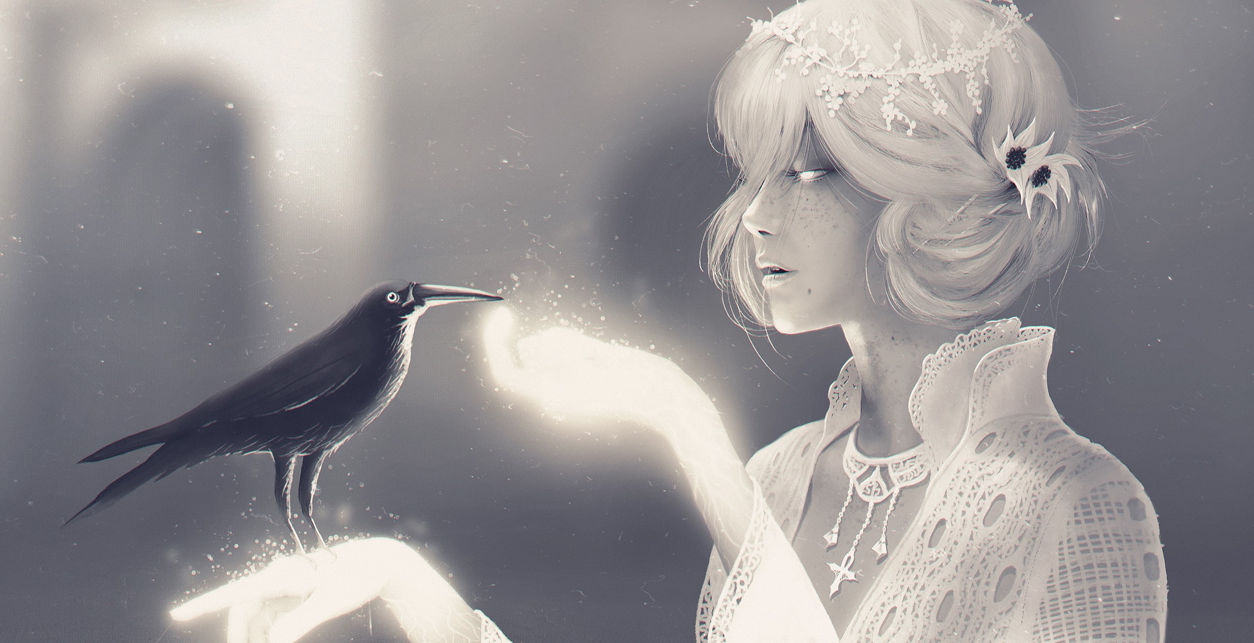 px, crow, hd, 2560x1314 px, art, soul, games, calibur, fantasy art, Raven, 2K, video, girl, fantasy, x, fantasy girl, HD Wallpaper