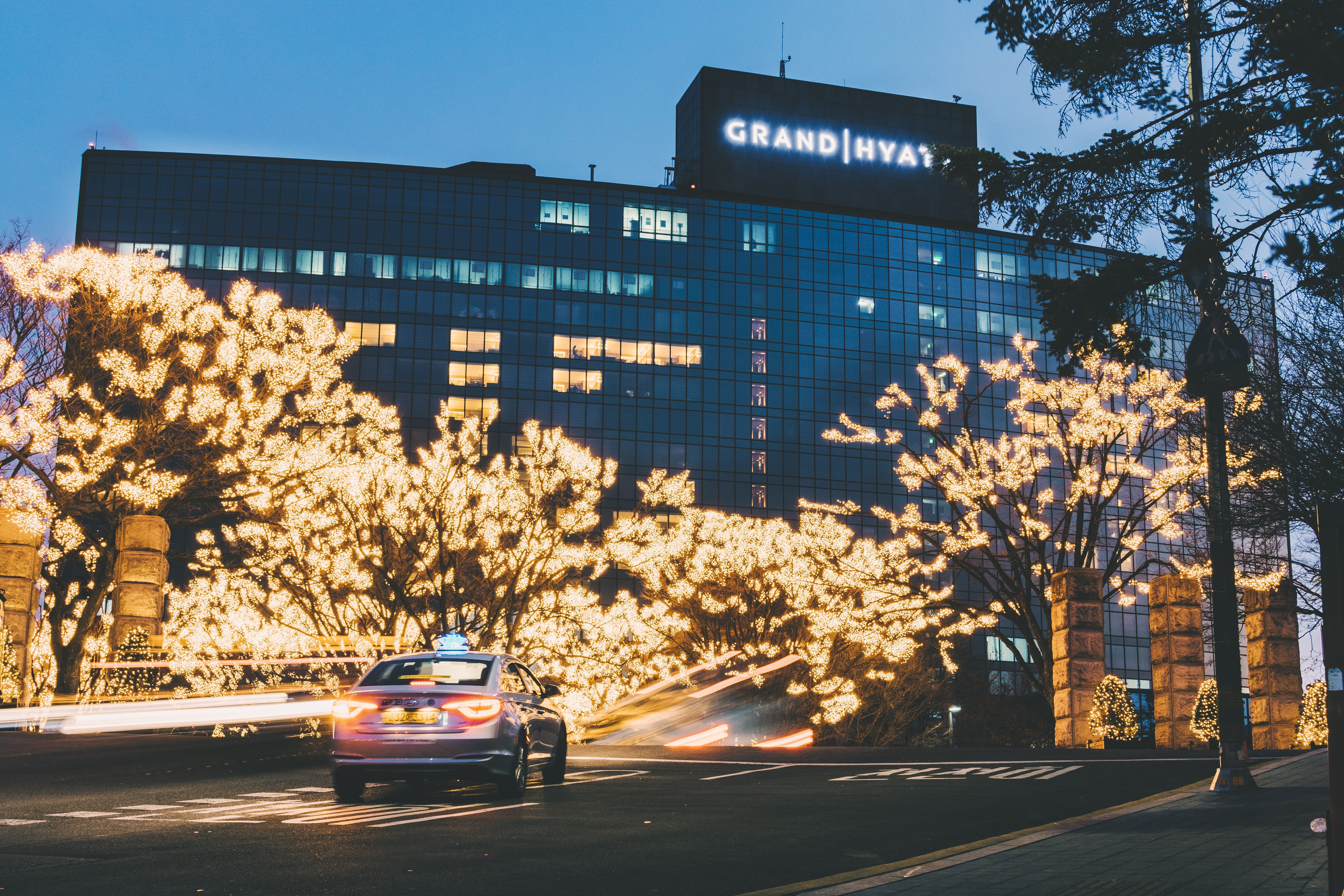 sign, car, near, street, grand, building, sedan, motion, office building, dusk, asphalt, nature, tarmac, sky, 5K, built structure, outdoors, blossom, 747-7 hannam-dong, HD Wallpaper