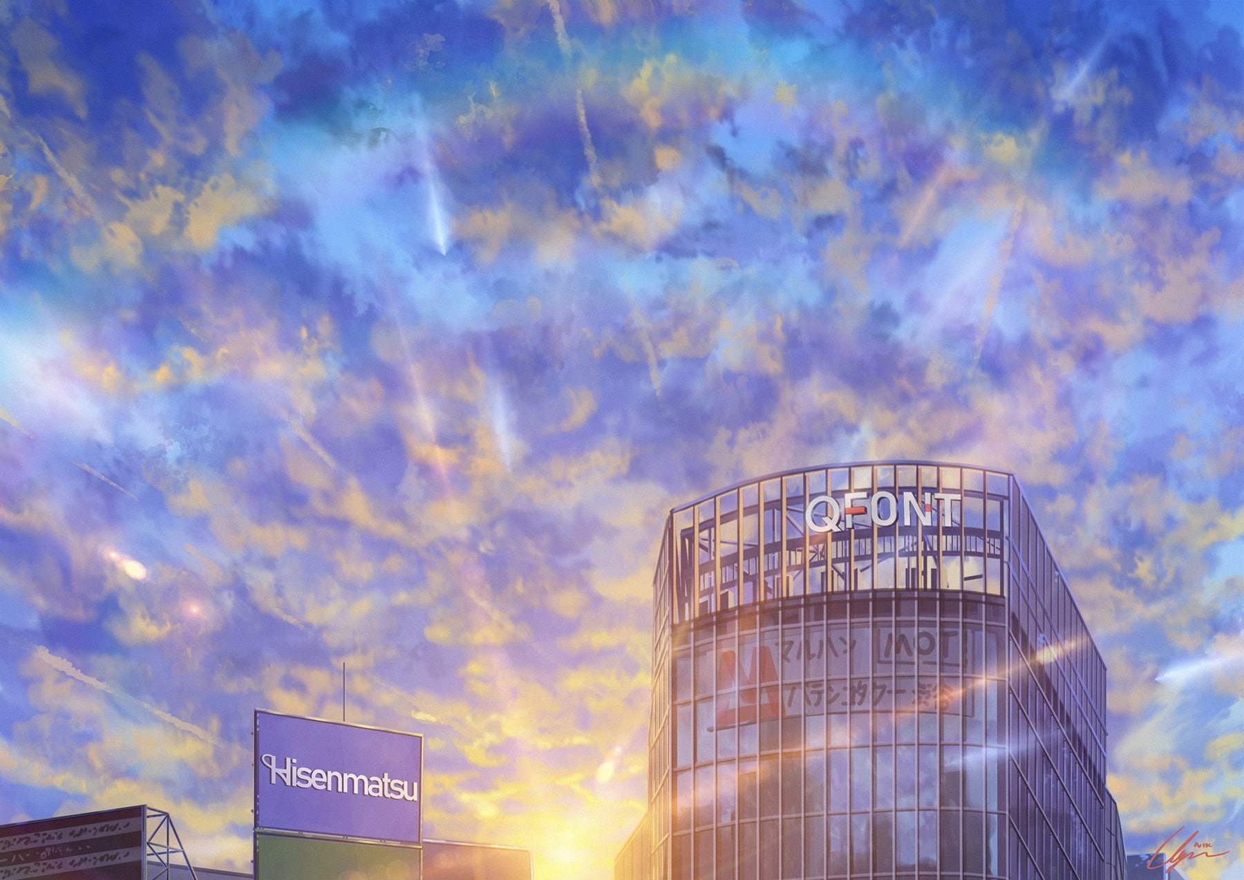 architecture, storage tank, tower, building exterior, outdoors, sign, sky, anime building, cloud - sky, storage compartment, blue, built structure, communication, HD Wallpaper