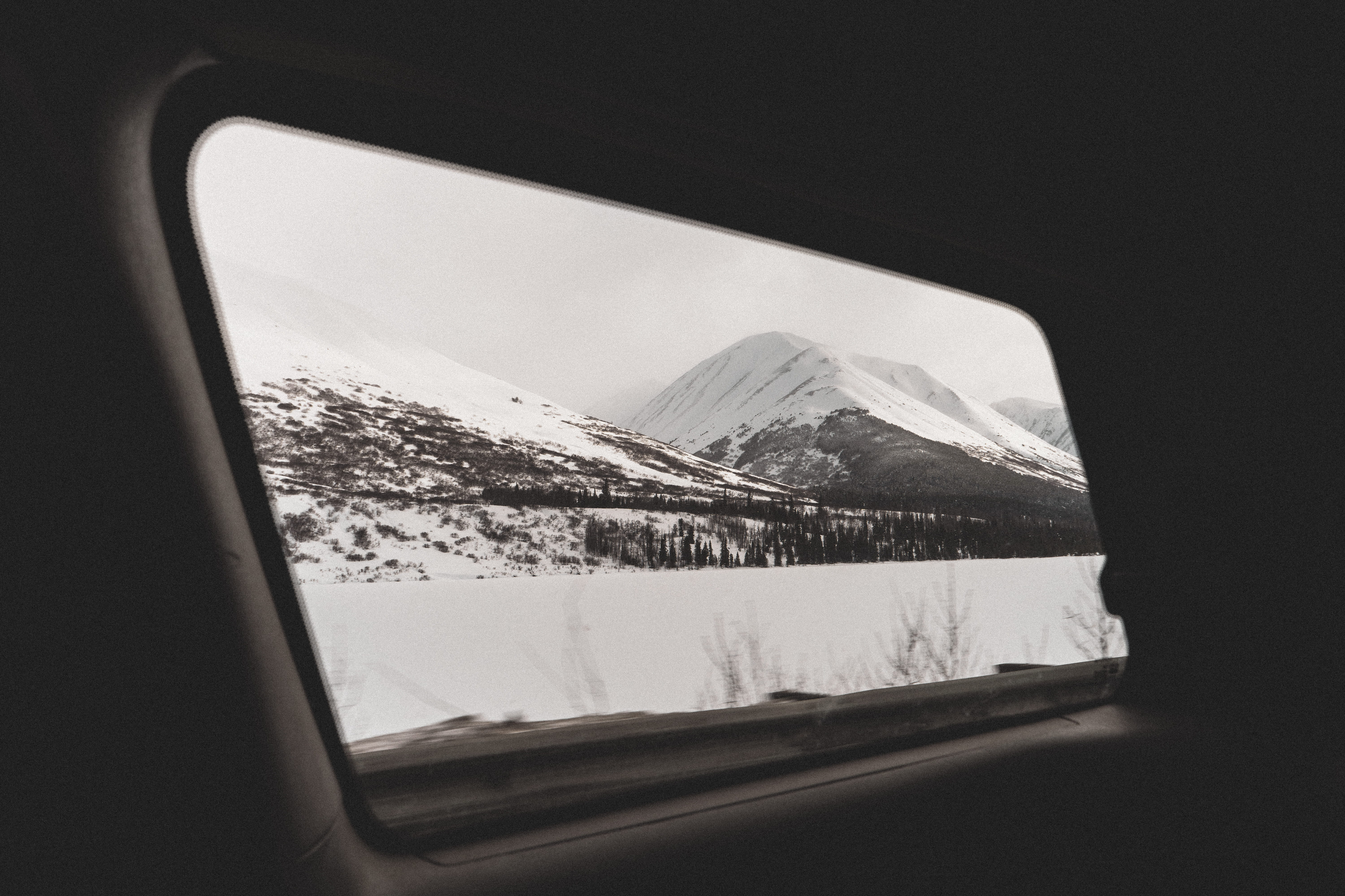 tree, home decor, mountain range, 5K, landscape, winter, cold temperature, travel, white, nature, beauty in nature, road trip, ice, window, mirror, porthole, HD Wallpaper
