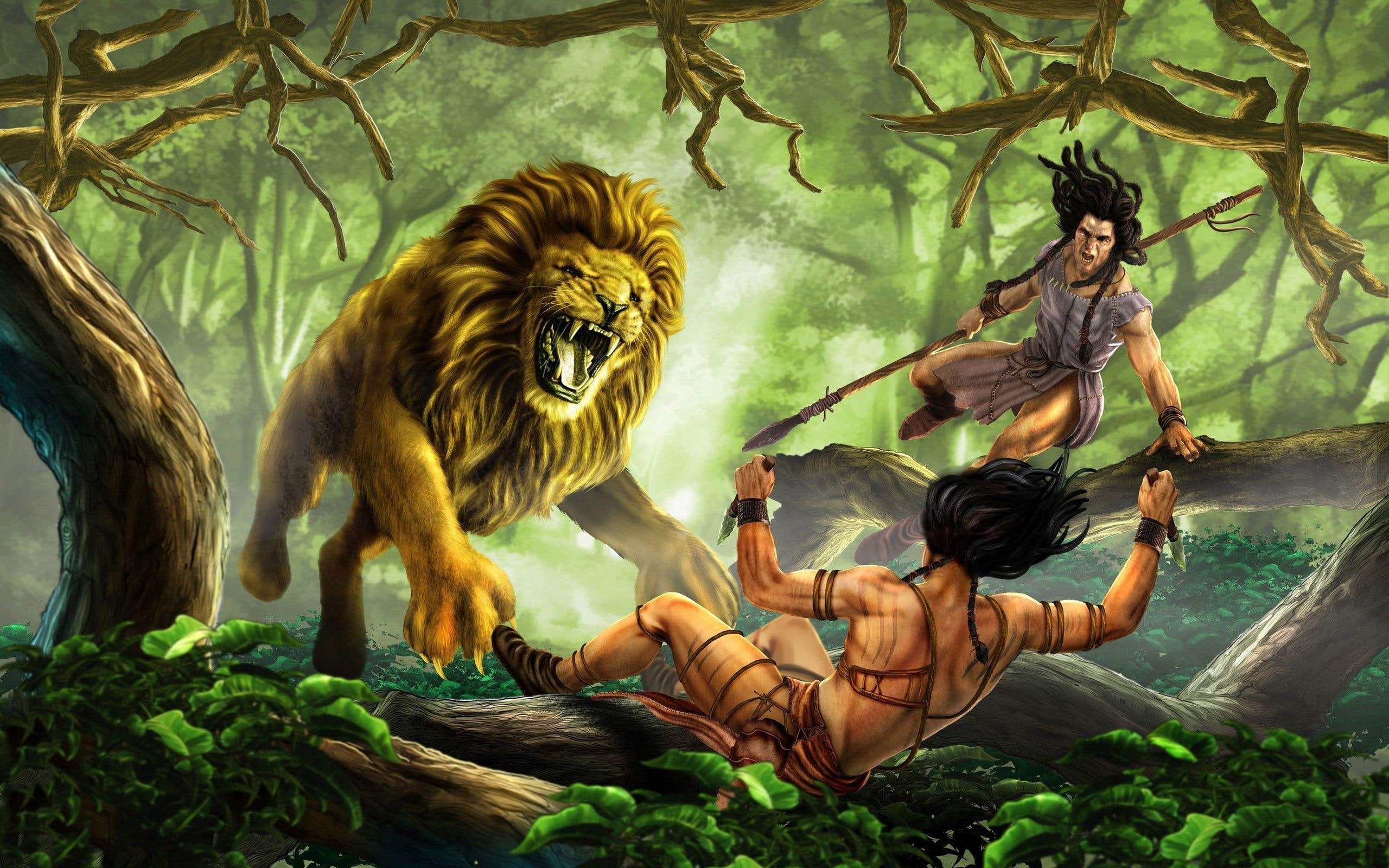 painting, man, woman, 2K, lion, 2560x1600, artistic, fighting, HD Wallpaper