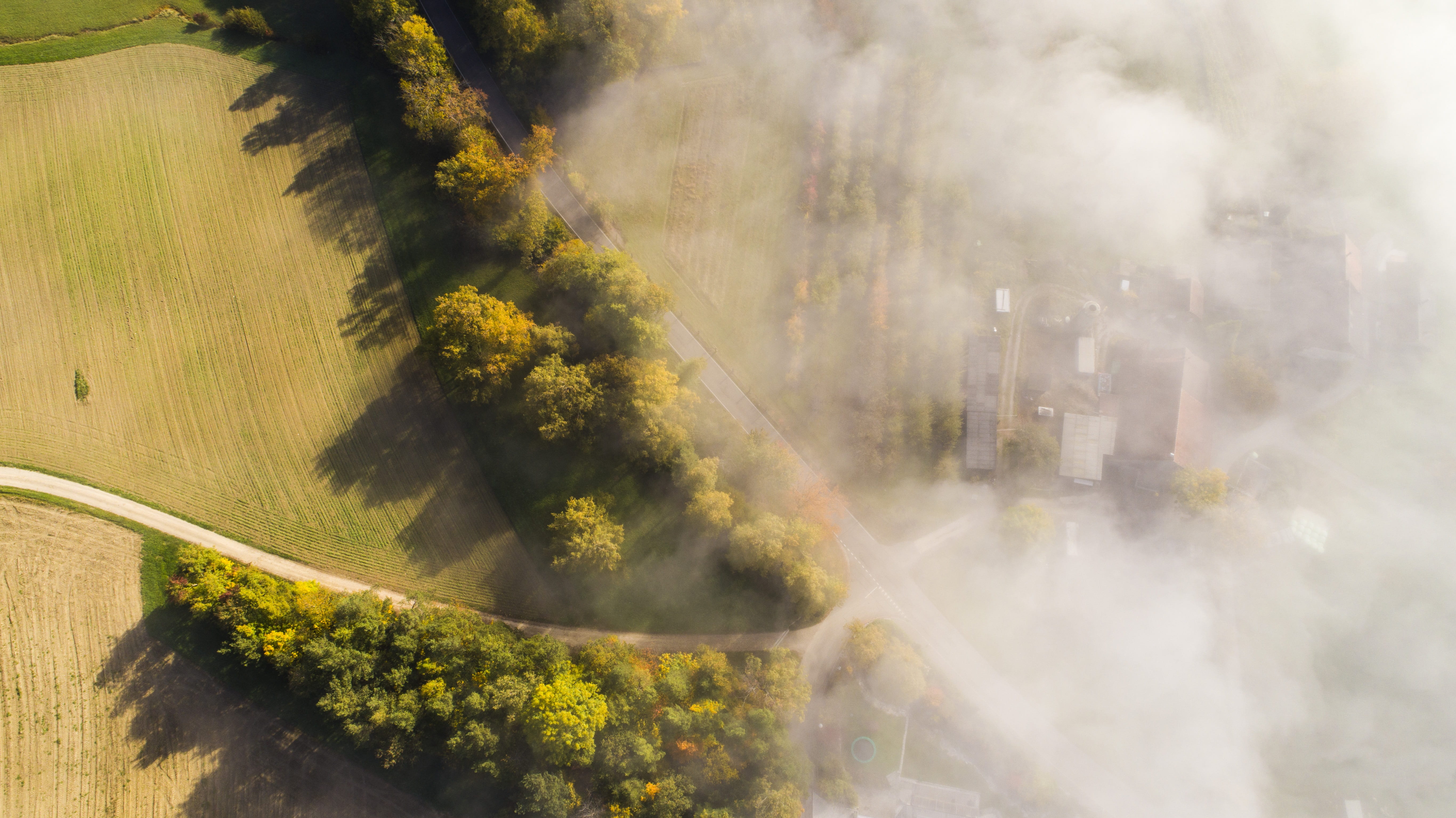gloomy, drone, quadrocopter, above the clouds, environment, scenics - nature, outdoors, tranquility, architecture, dusk, warm, forest, cloudiness, sunlight, HD Wallpaper