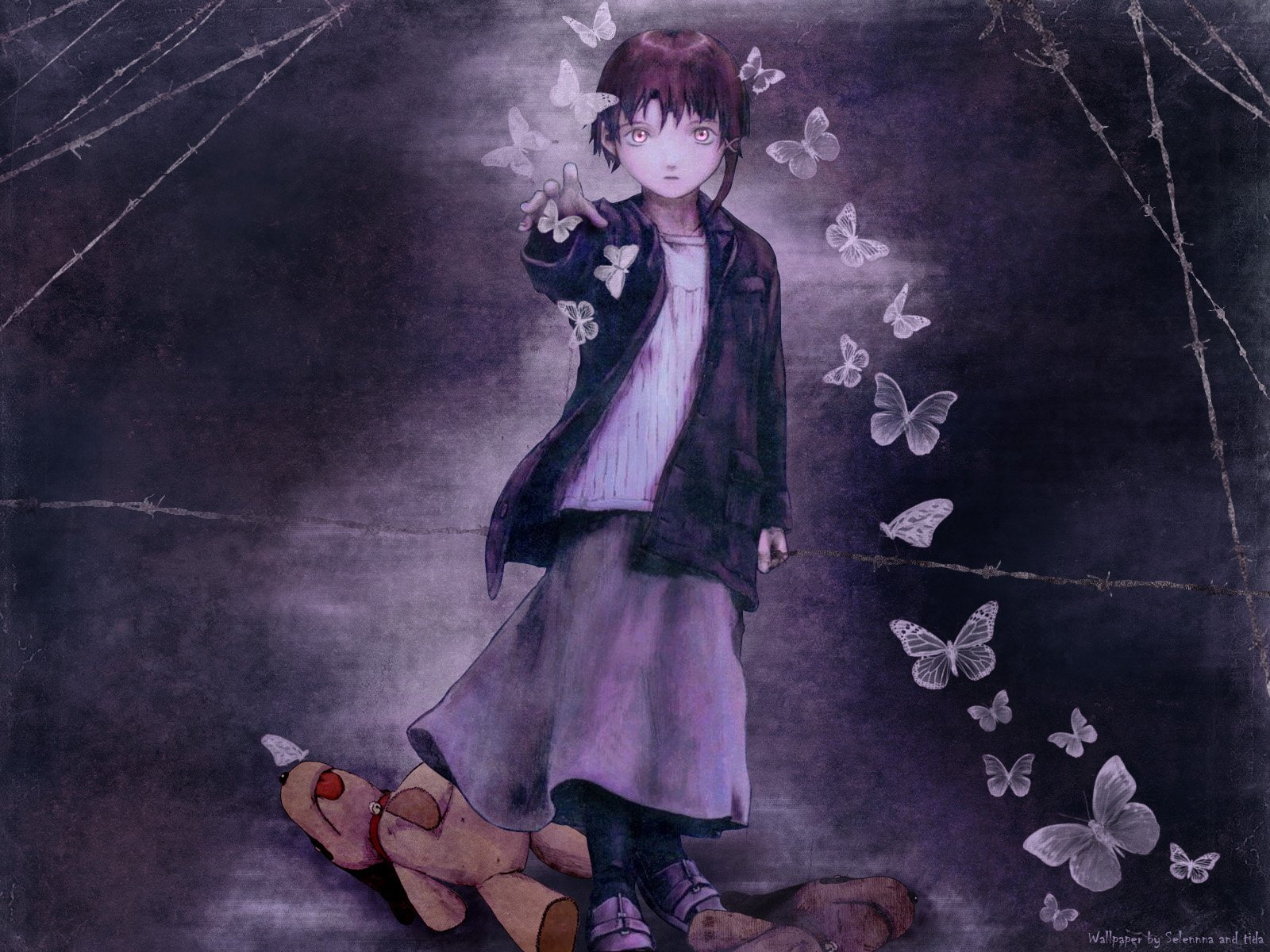 butterflies, brunettes, sci-fi, horror, drama, serial, animals, stuffed, 720P, experiments, lain, cyberpunk, iwakura, series, girls, anime, HD Wallpaper