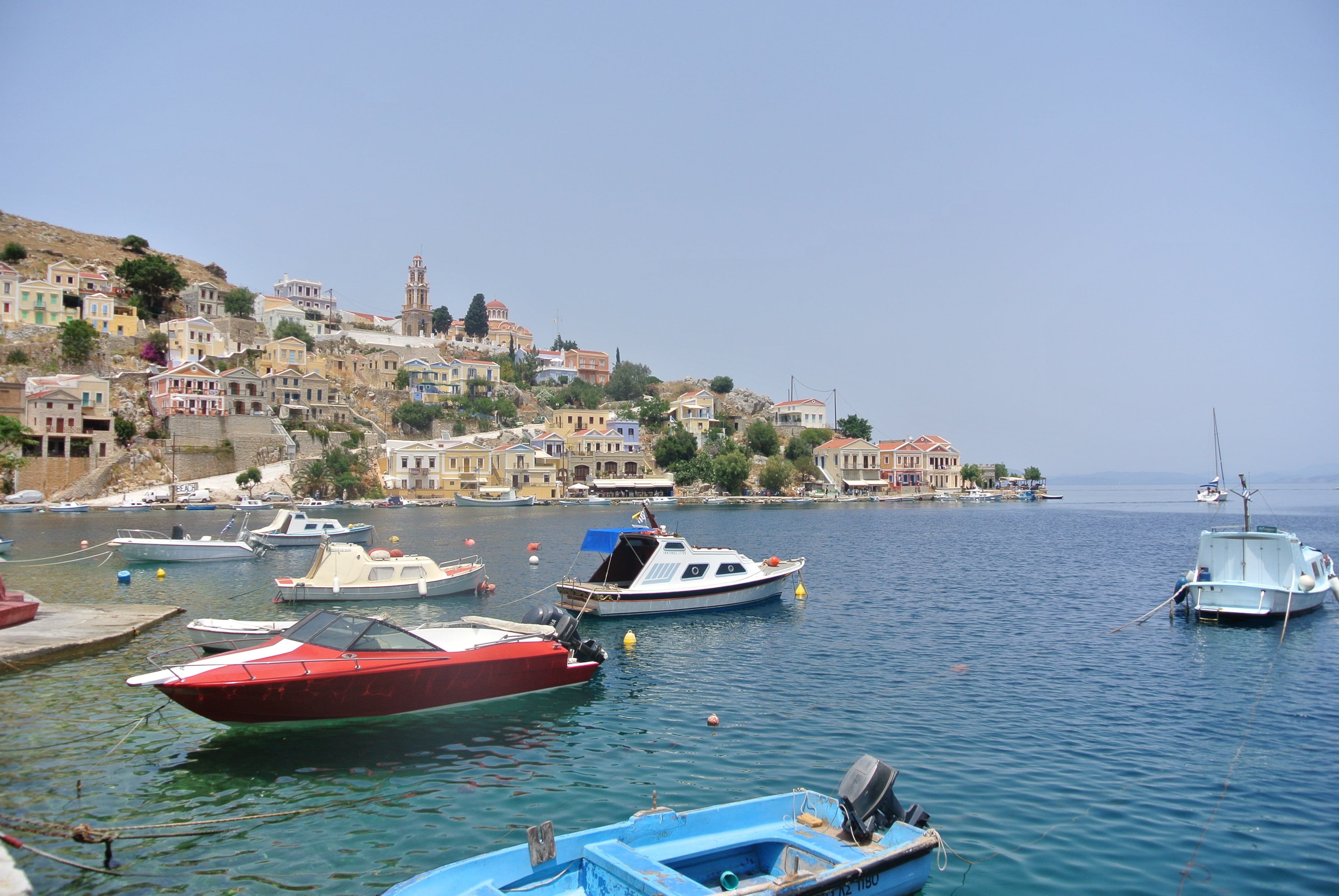 building exterior, clear sky, tourism, anchored, nature, city, stones, the aegean sea, island, harbor, journey, vacation, transportation, building, 4K, HD Wallpaper