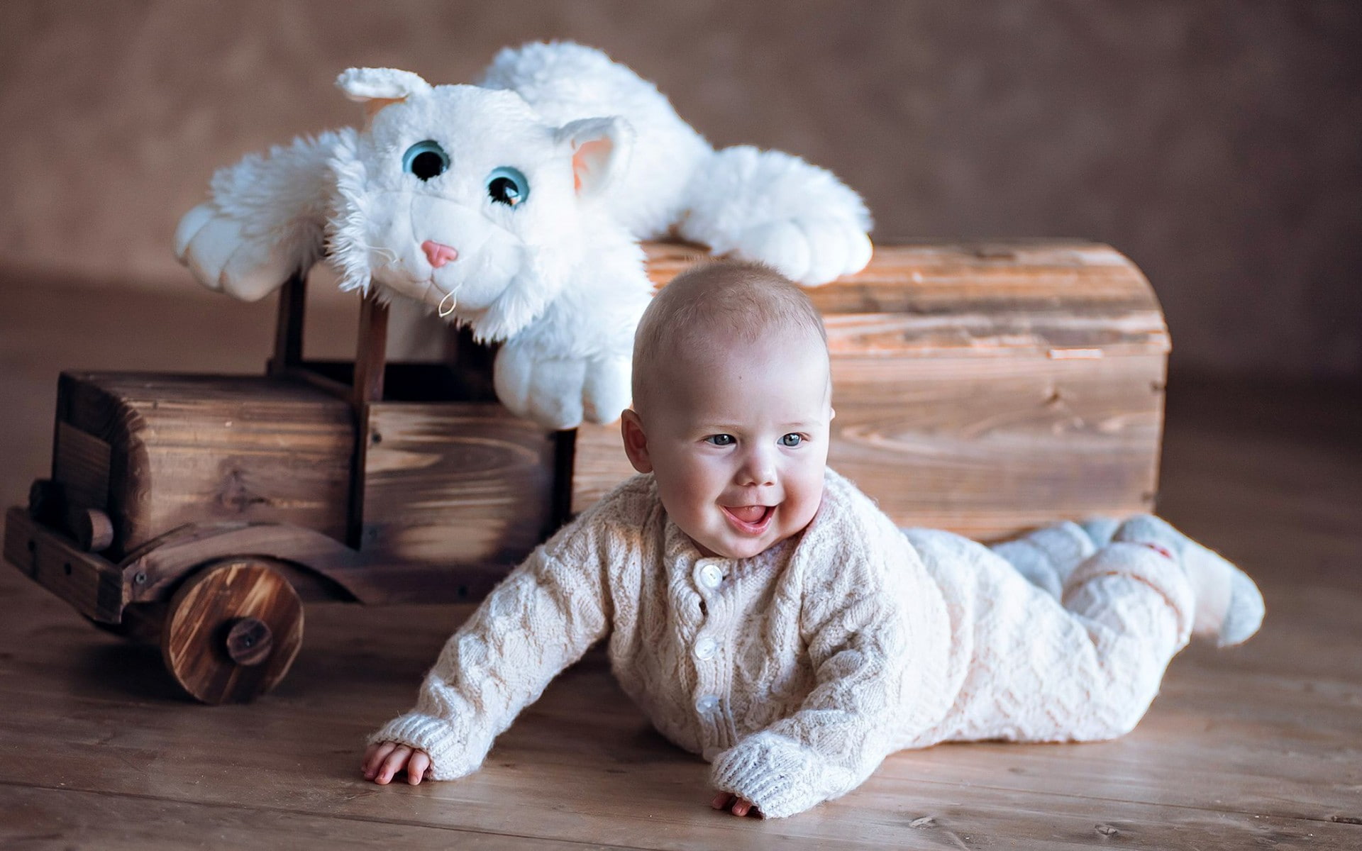 1080P, hardwood floor, childhood, indoors, babyhood, front view, portrait, wood, cute, animal representation, looking at camera, flooring, baby, home interior, HD Wallpaper