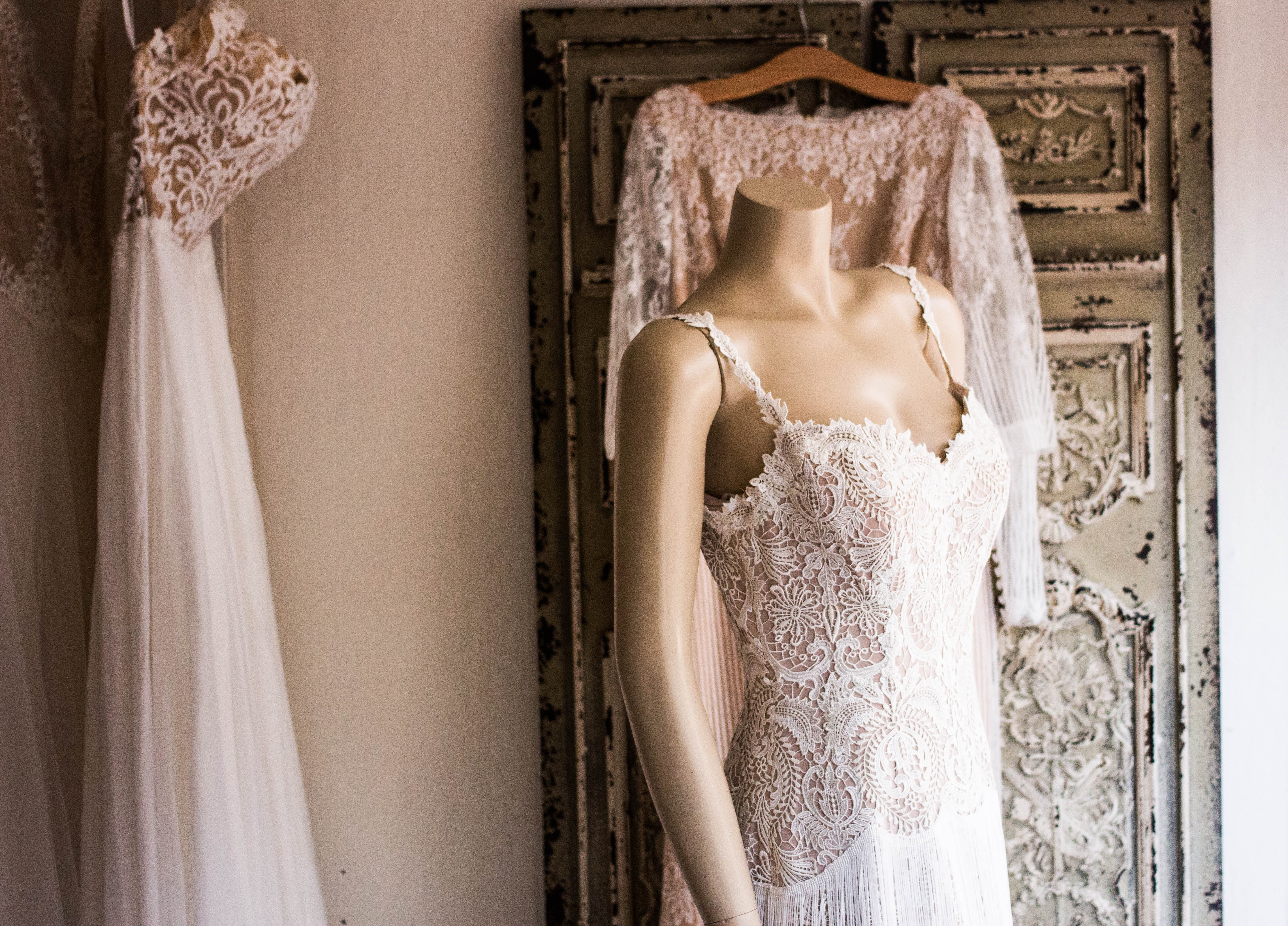 spaghetti, wedding, bridal shop, clothing, 4K, s, beauty, standing, fashion, top, lace, wedding dress, lace - textile, indoors, fitting room, wearing, HD Wallpaper