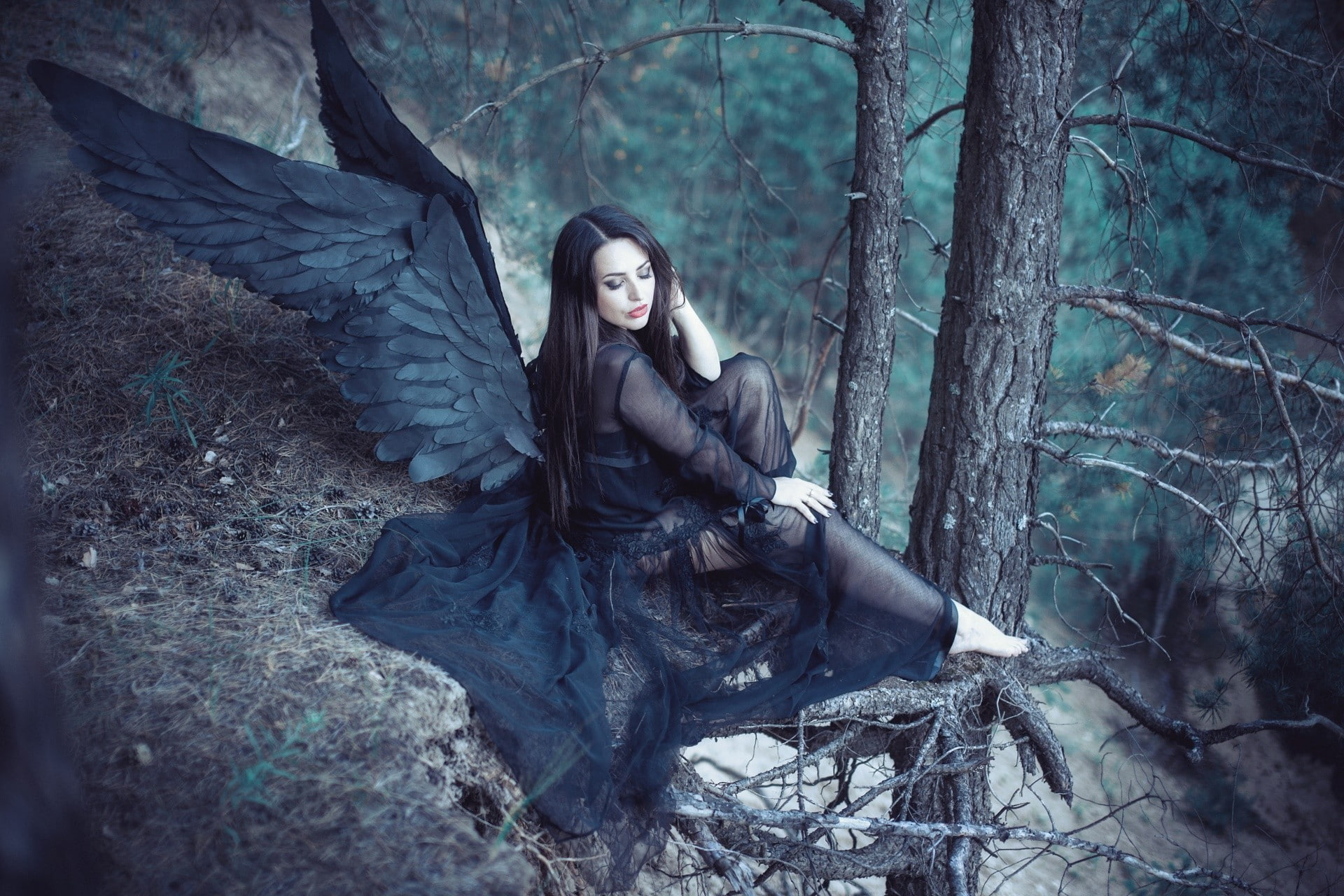 plant, fashion, hairstyle, wings, young women, young adult, tree, fantasy girl, portrait, front view, women, land, clothing, women outdoors, one person, HD Wallpaper