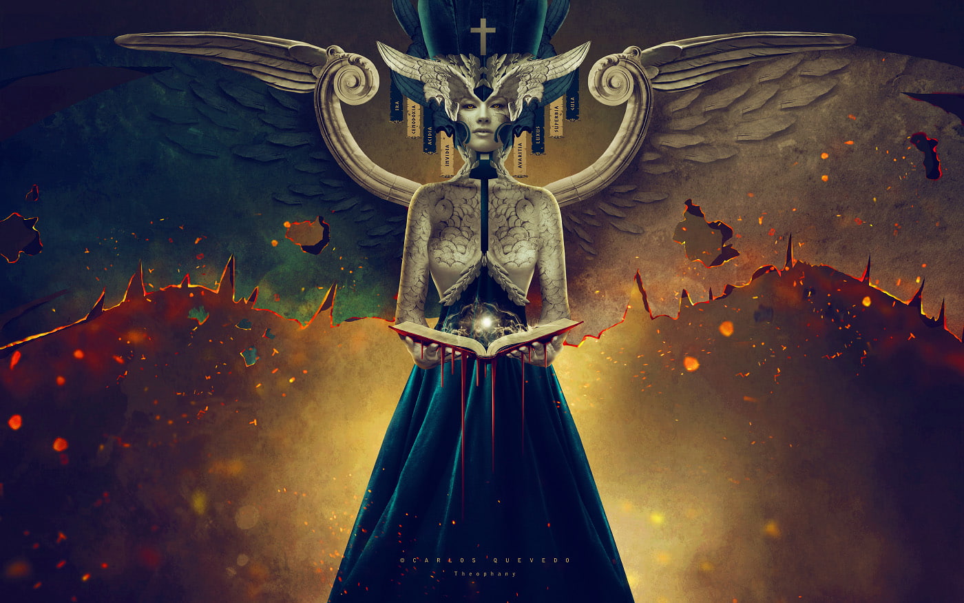 Carlos Quevedo, angel, books, women, dress, 720P, Photoshop, HD Wallpaper