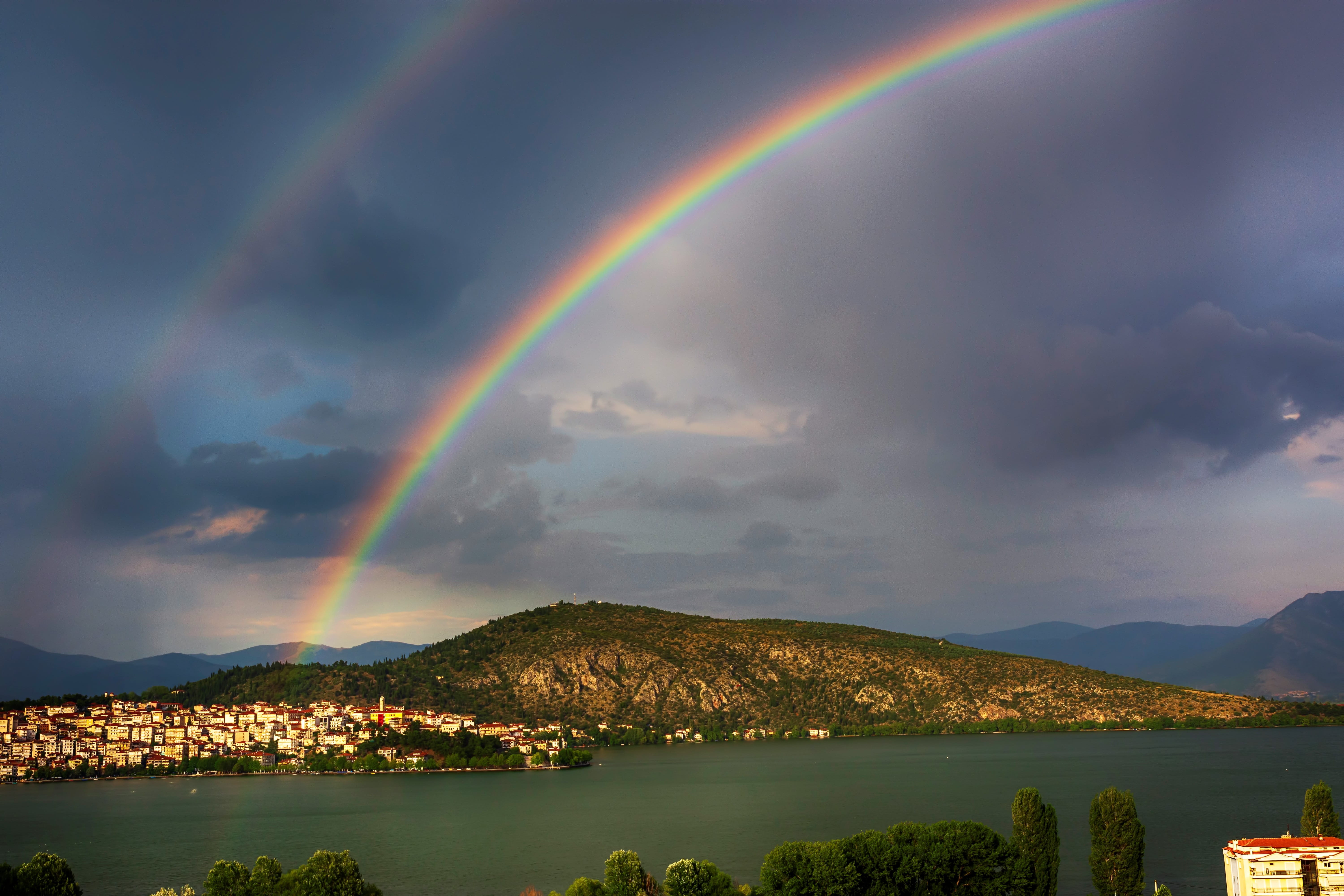 red, idyllic, down, multi colored, kastoria, double rainbow, angel, bright, outdoor, swans, outdoors, flying, nature, town, weather, beauty in nature, swan, HD Wallpaper