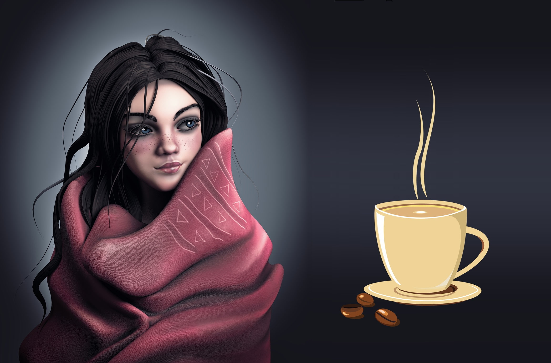 girl, comfort, plaid, 1080P, art, Winter woman, Monteillard Damien, HD Wallpaper