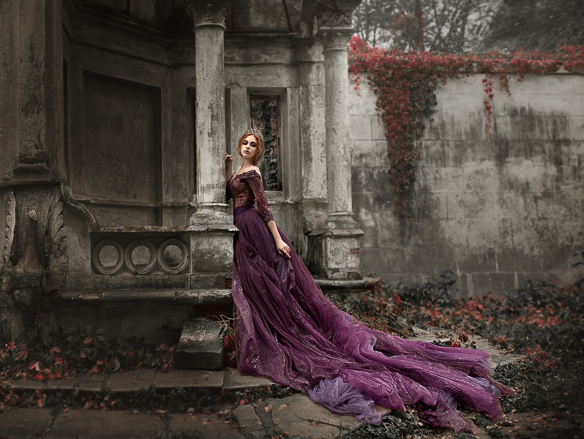 dress, columns, pose, girl, Damien Prokhorov, 1080P, style, HD Wallpaper