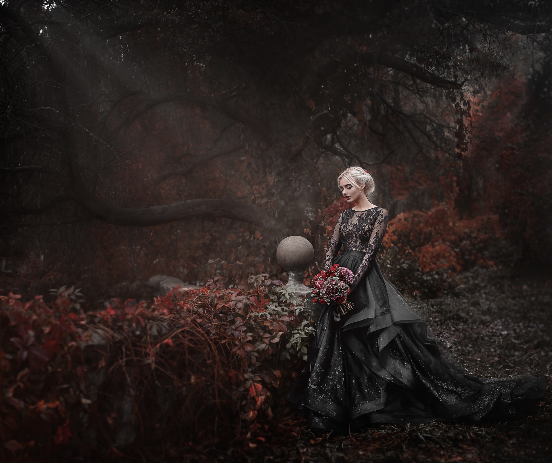 Park, dress, Damien Prokhorov, flowers, girl, bouquet, mood, 1080P, HD Wallpaper