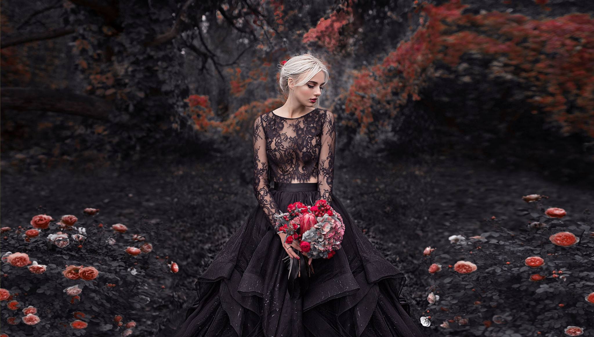 dress, bouquet, roses, girl, pose, mood, 1080P, Park, flowers, Damien Prokhorov, HD Wallpaper