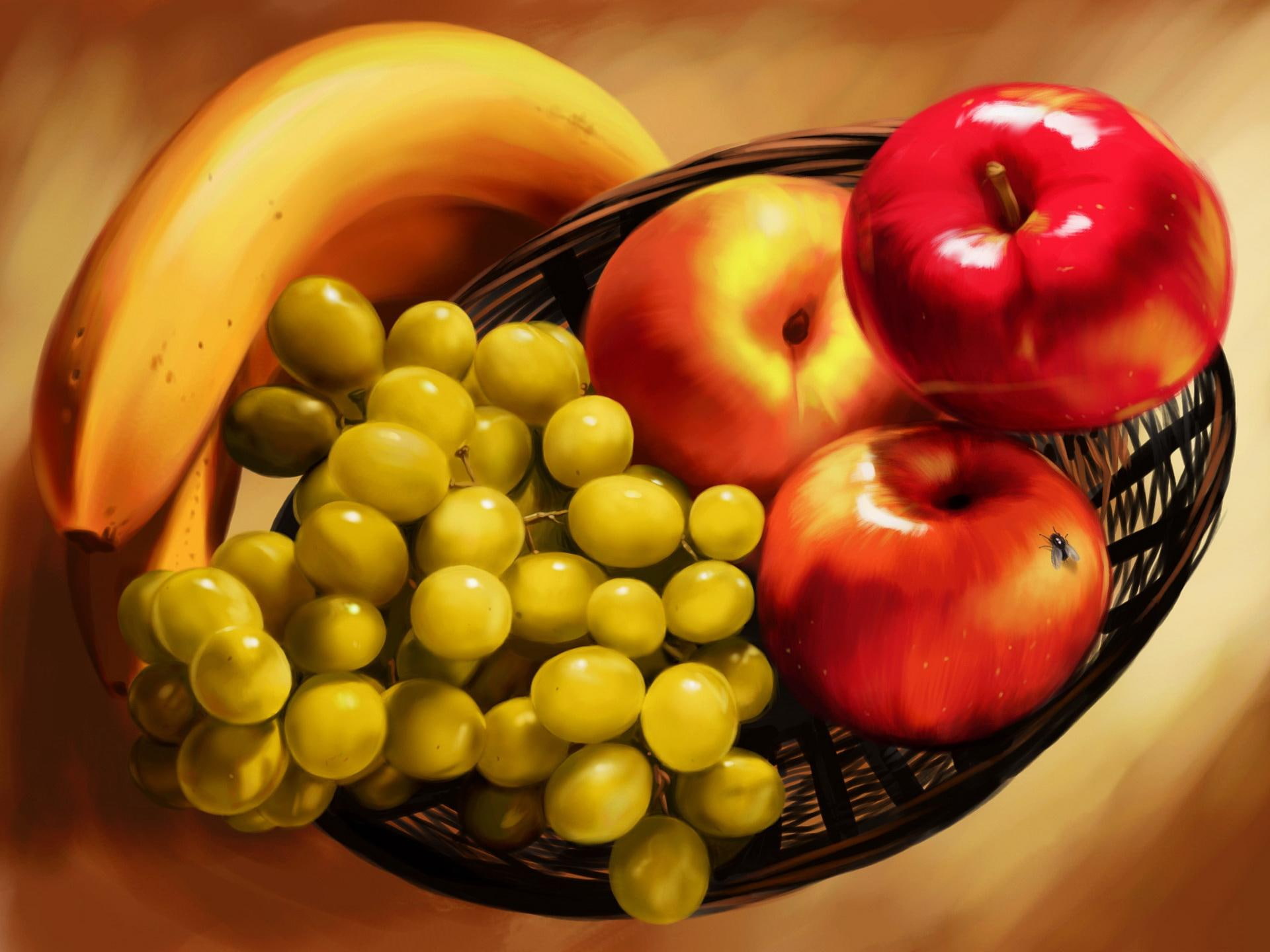 beautiful, yummy, banana, grape, nice, 3d and, basket, fruits, apples, fresh, 1080P, lovely, freshnes, table, delicious, HD Wallpaper